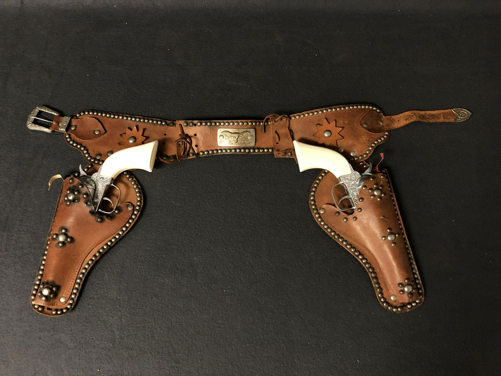2 PonyBoy Cap Guns, Leather Double Holster - Childs Set (1 of 8)