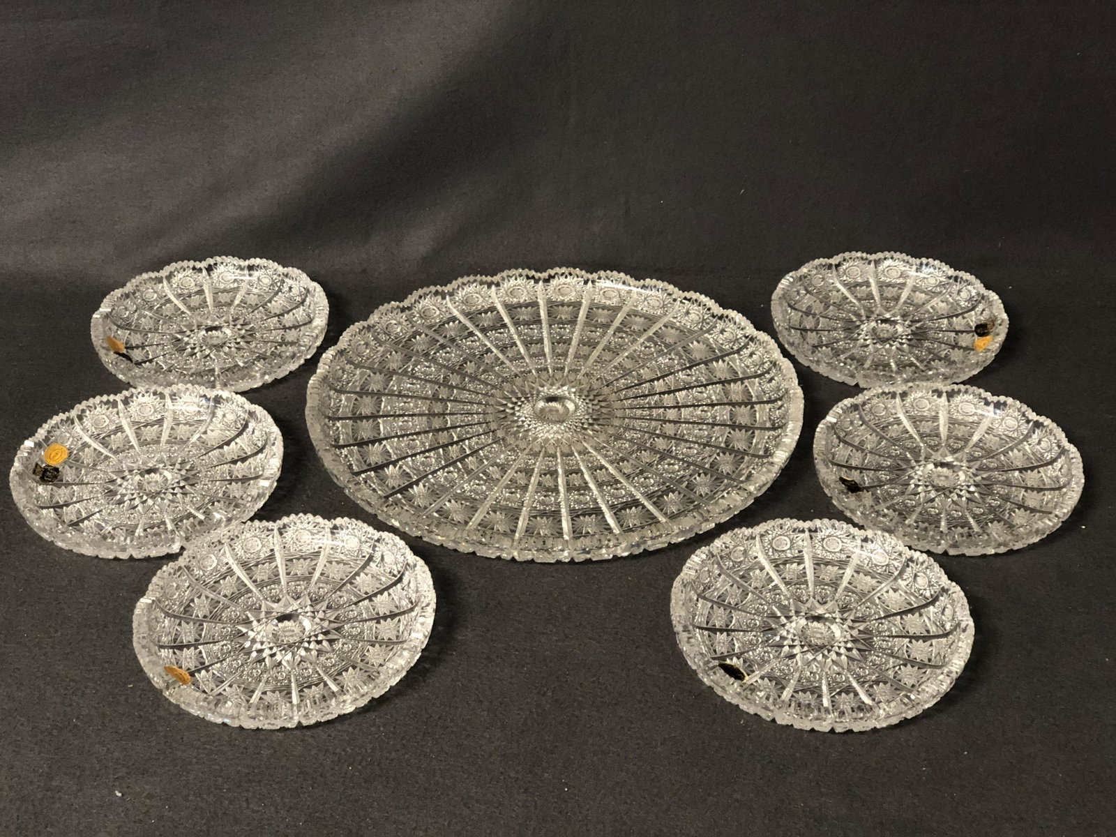 7pcs Bohemian Czech Handcut Crystal - (6) 6'' x .5'': 7pcs Bohemian Czech Handcut Crystal - (6) 6'' x .5'' Dishes w/ Tags + Platter