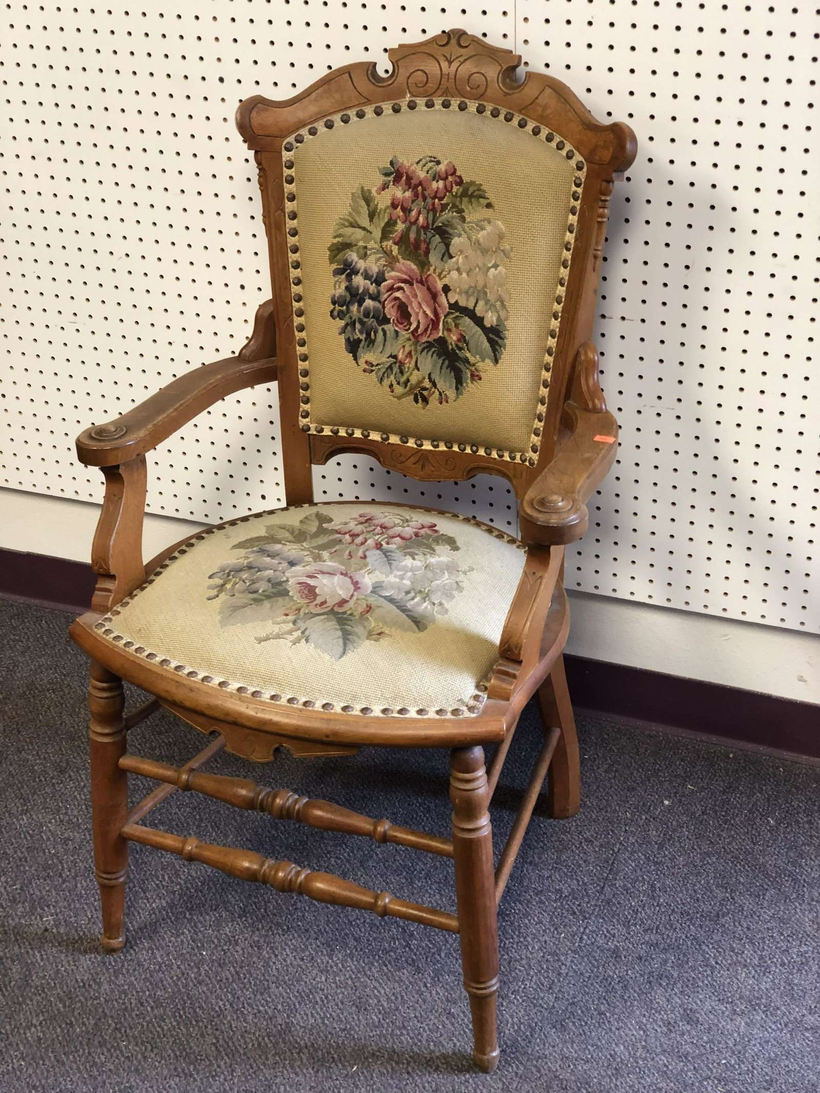 Eastlake Armchair w/ Needlepoint Upholstry - 24'' x: Eastlake Armchair w/ Needlepoint Upholstry - 24'' x 18.5'' x 40'' - Pick Up or Arrange Own Shipping -