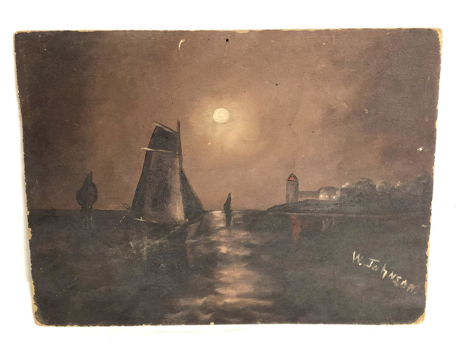 Antique Signed Oil of Sailboat ''W.Johnson'' - Oil on (1 of 3)