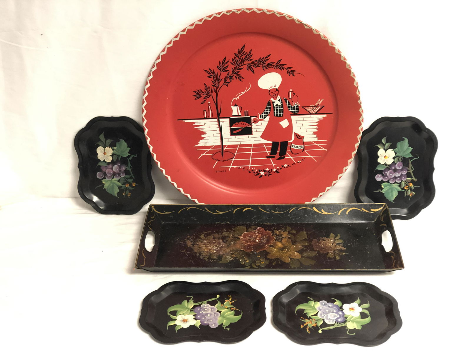 5 Vtg Tin/ Metal Trays, Handpainted Tole - (2)Tole (1 of 6)