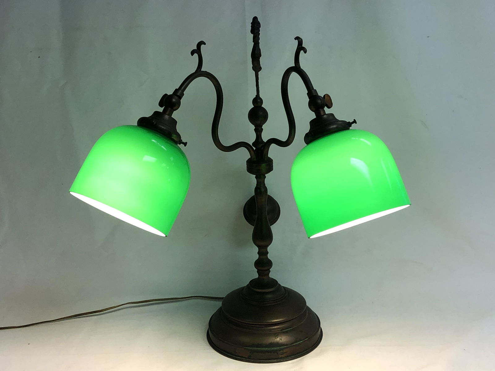 Brass Library Lamp w/ Emerald Glass Shades - Dolphin & (1 of 5)