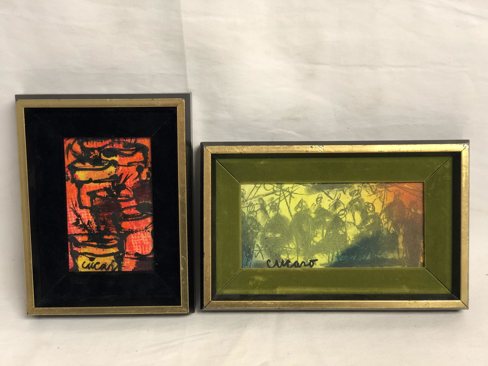 2 MCM Pascal Cucaro Original Art - Pascal Cucaro: 2 MCM Pascal Cucaro Original Art - Pascal Cucaro (1915-2004), Both Framed, 6.5'' x 8.5'' w/ Black Velvet + 10.5'' x 6.5''