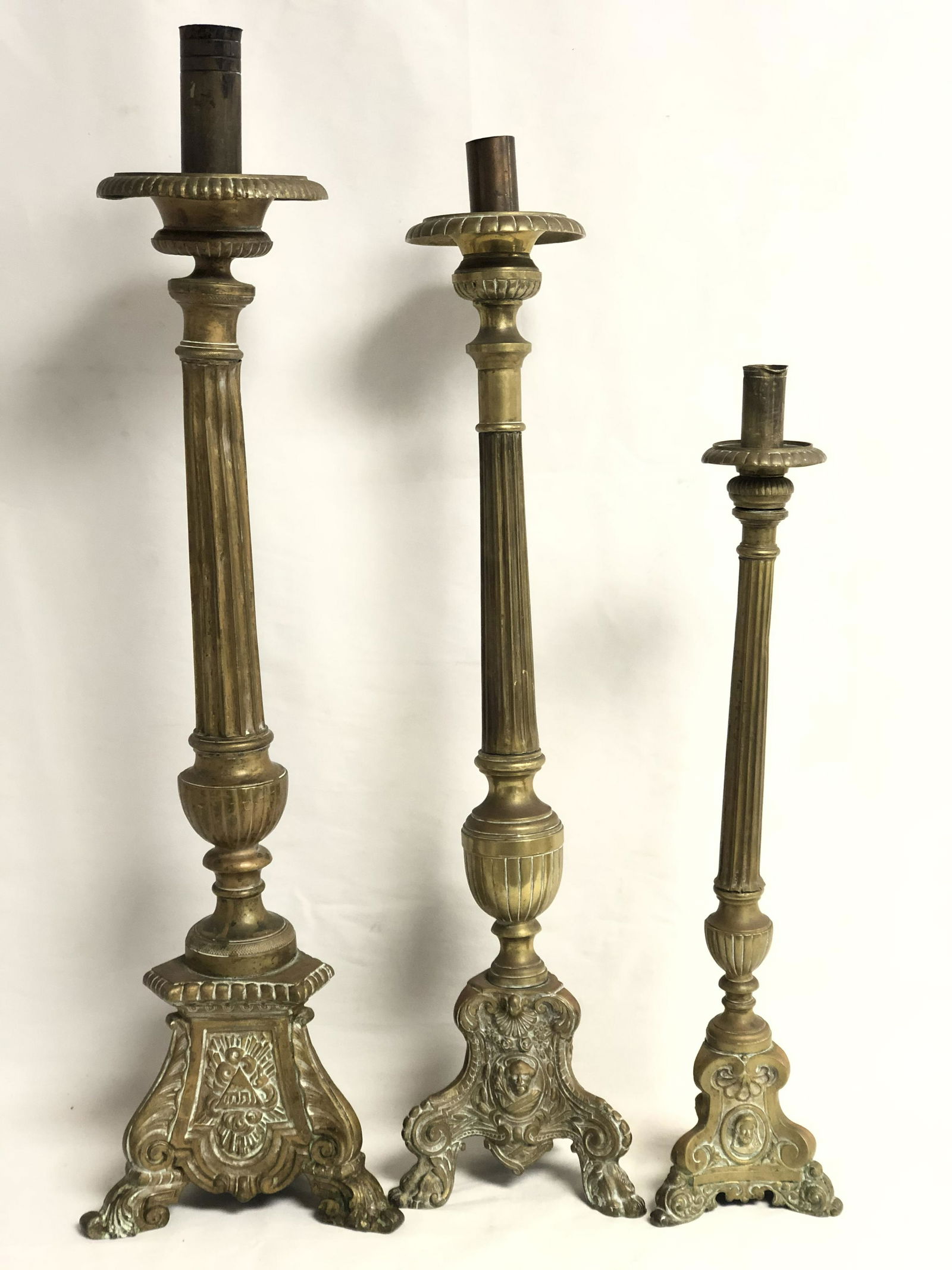 (3)19thC Religious Brass Candlesticks - Asst Sized (1 of 15)