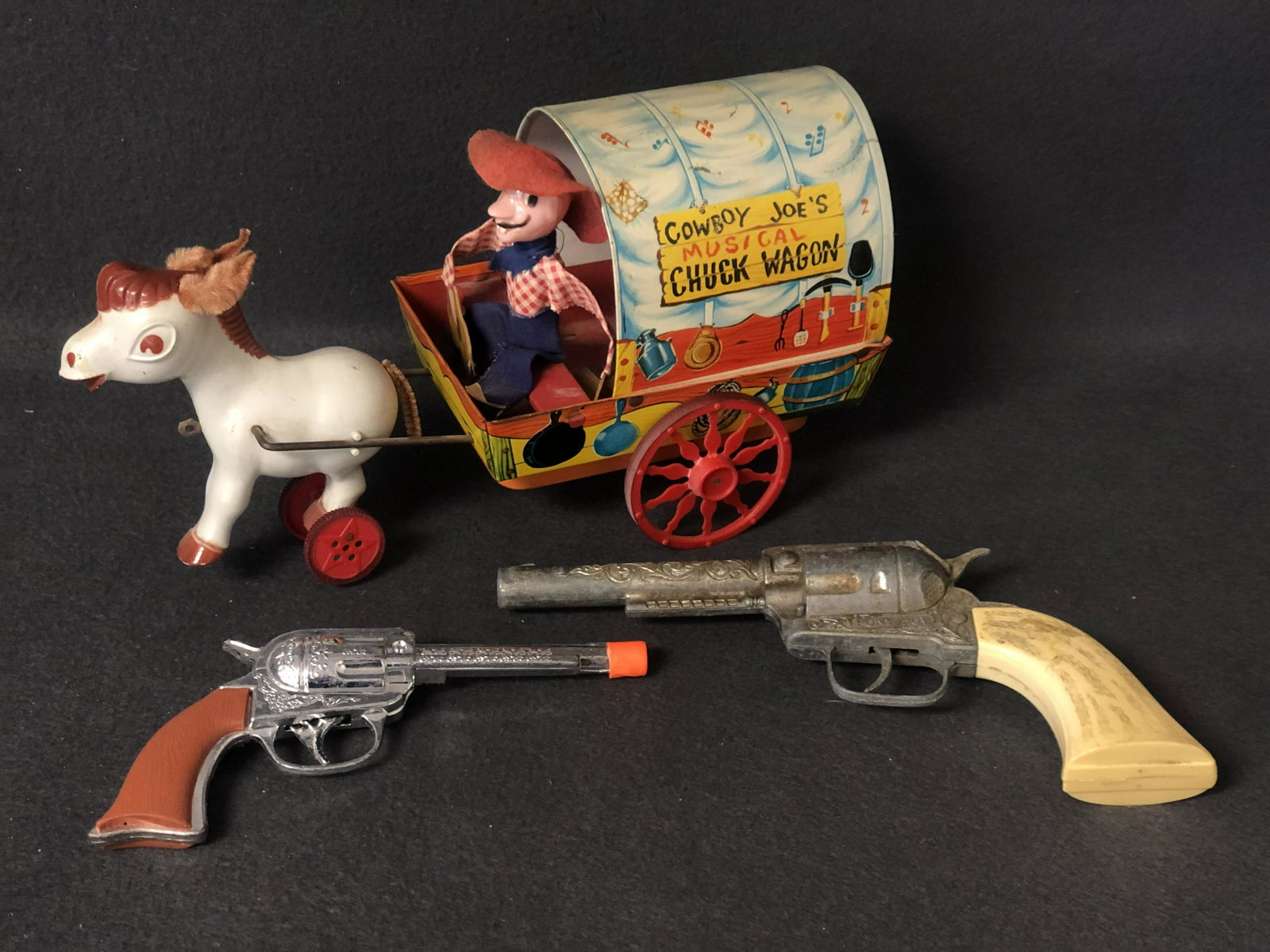 1950s Cowboy Joe's Chuck Wagon, Toy Guns - Pony Boy Toy: 1950s Cowboy Joe's Chuck Wagon, Toy Guns - Pony Boy Toy Cap Gun & Other + Tin Toy Wagon