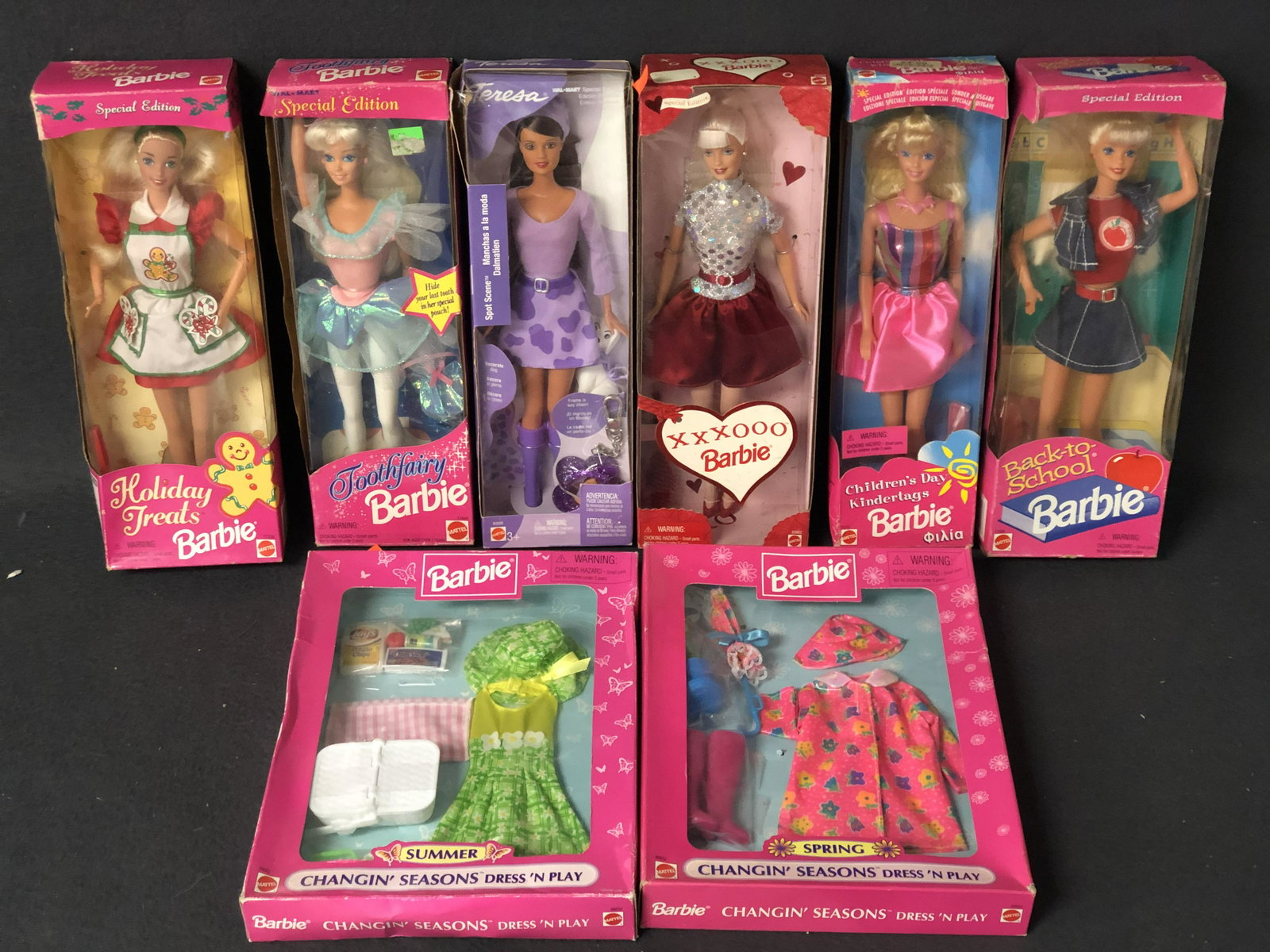 (5)Barbie + (2)Dressin' Play, Original Boxes - Spot: (5)Barbie + (2)Dressin' Play, Original Boxes - Spot Scene Teresa, Mattel XXXOOO Barbie, Tooth Fairy & More, (6)Total Dolls , (2)Accessories
