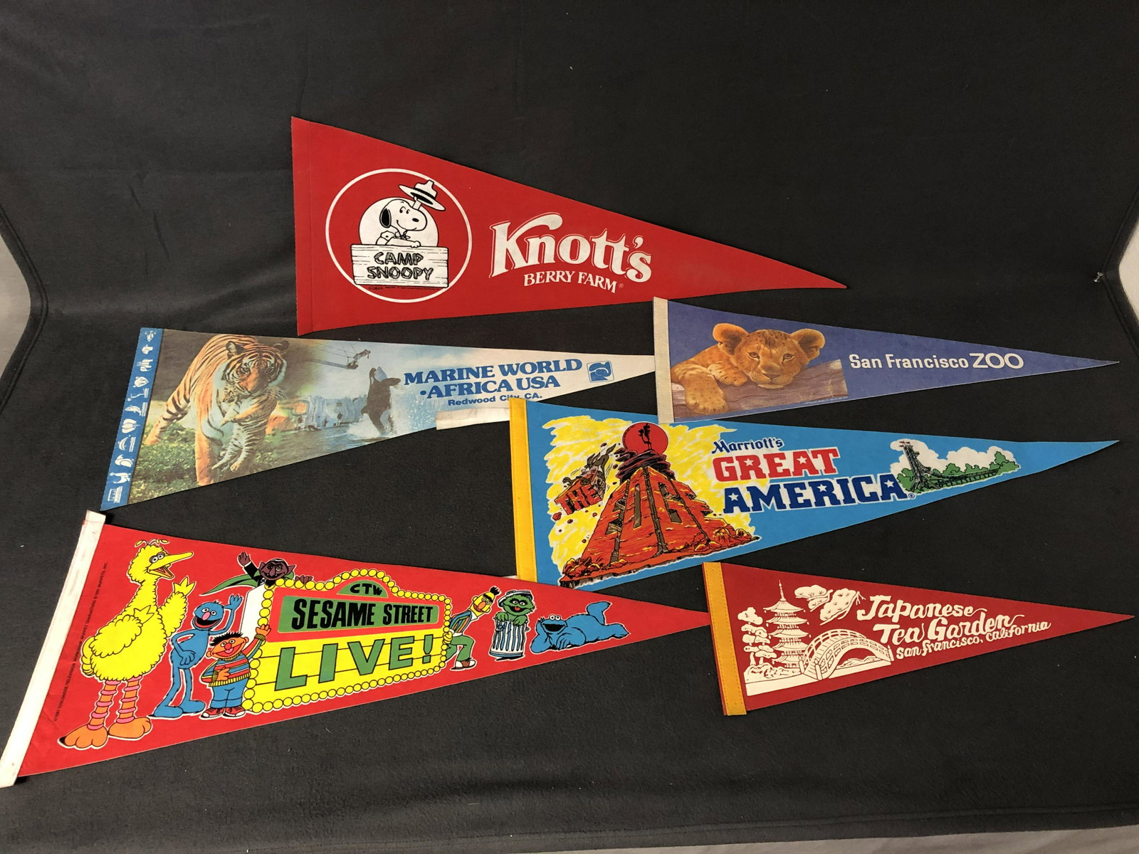 (11)Vtg Flag Pennants - Disney, Ringling & More - 1958: (11)Vtg Flag Pennants - Disney, Ringling & More - 1958 Camp Snoopy Knots Berry Farm, Marine World, Japanese Tea Garden S.F., Marriot's & More