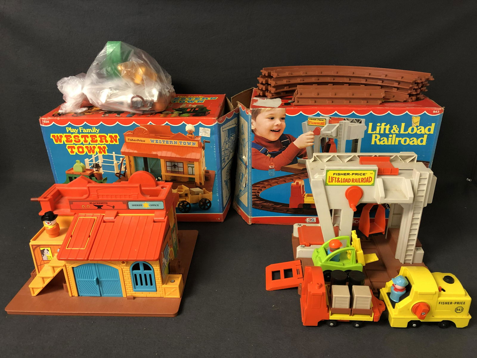 (2)Vtg Fisher Price Railroad & Western Town - Both w/ (1 of 6)
