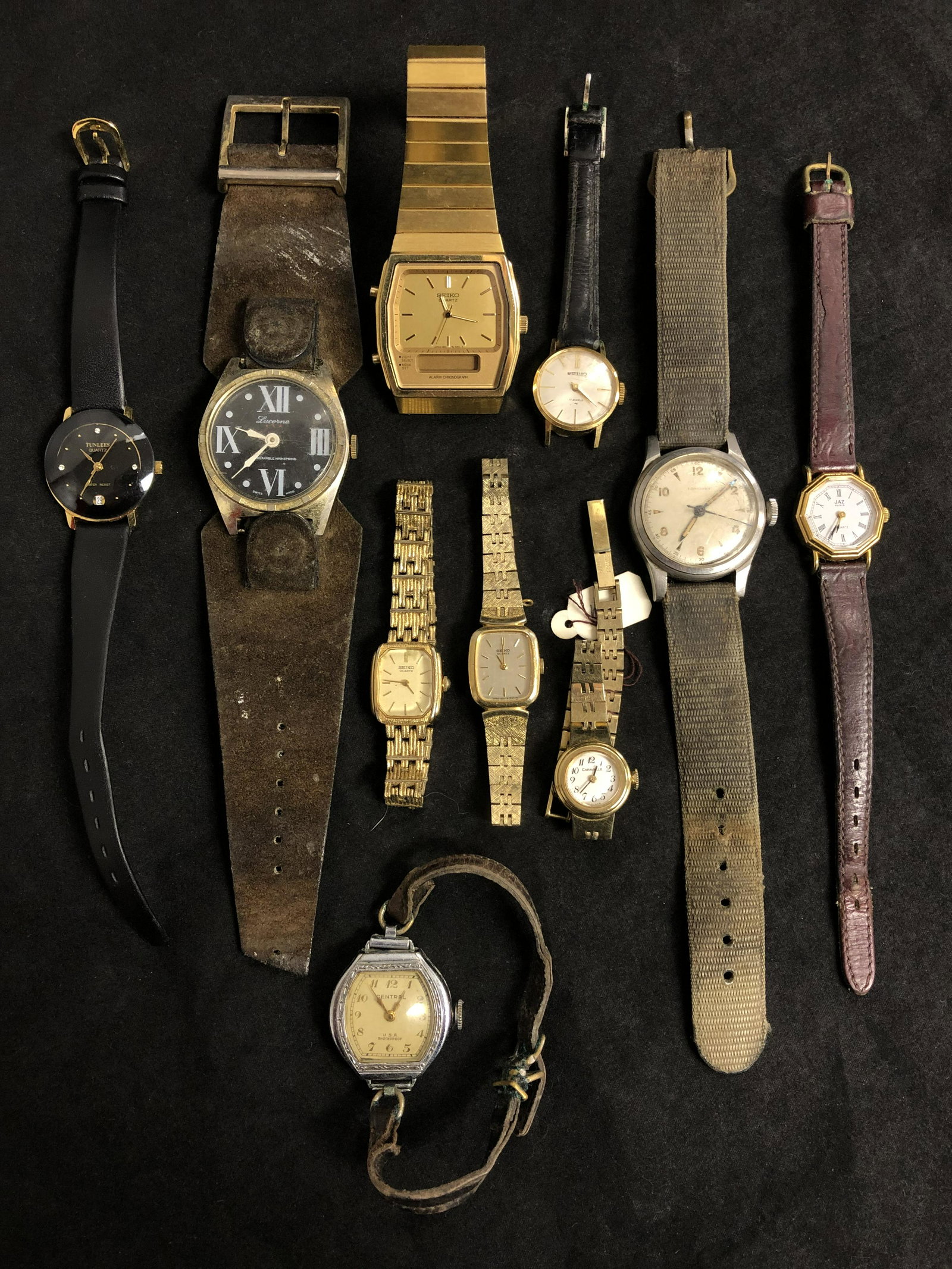 (10)Asst Vintage Wrist Watches - Longines, (4)Seiko,: (10)Asst Vintage Wrist Watches - Longines, (4)Seiko, Central, Jaz, Caravel, Tunless & Lucerne (UNTESTED)