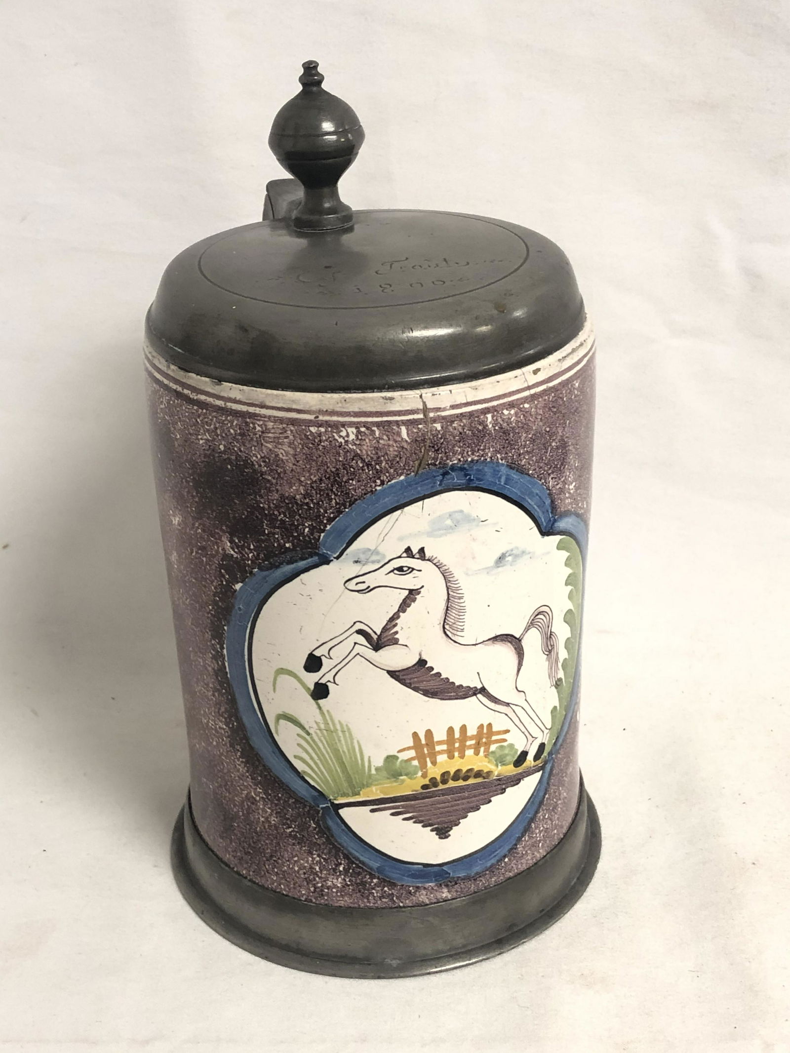 1800 German Faience Horse Stein w/ Pewter - Hallmarked (1 of 8)