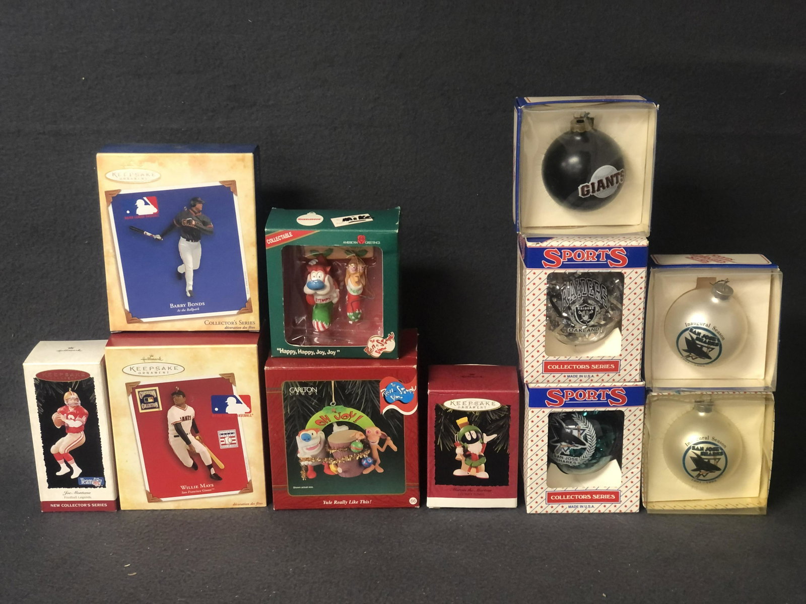 (11)Asst Ornaments - Sports & More - Hallmark Marvin: (11)Asst Ornaments - Sports & More - Hallmark Marvin the Martian, Joe Montana, Barry Bonds, Willie Mays, San Jose Sharks, S.F. Giants, Oakland Raiders + Ren & Stimpy