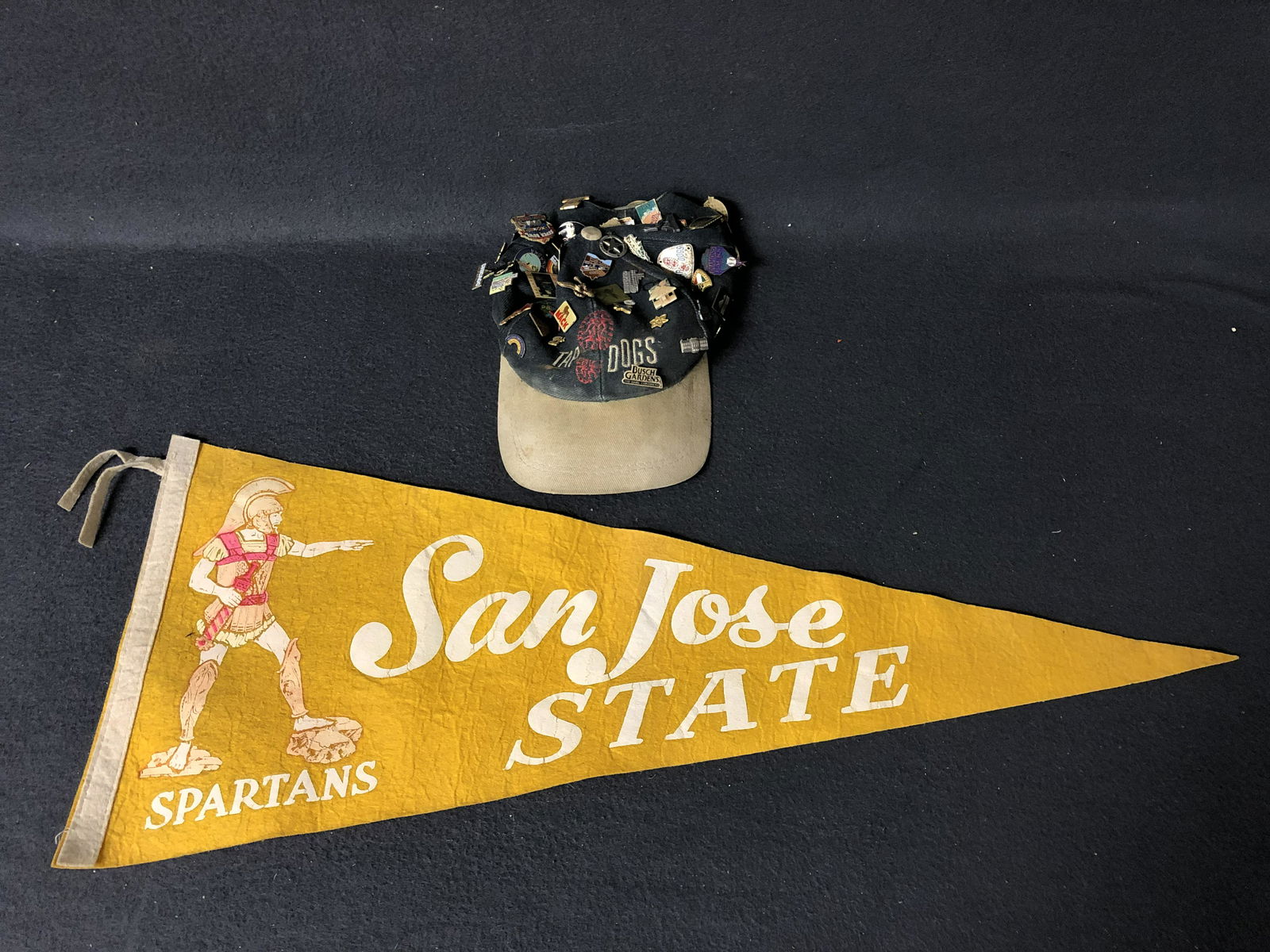 Hat w/ Asst Collector Pins, S.J.State Pennant - Vintage: Hat w/ Asst Collector Pins, S.J.State Pennant - Vintage San Jose State Spartans Pennant 28'' Length