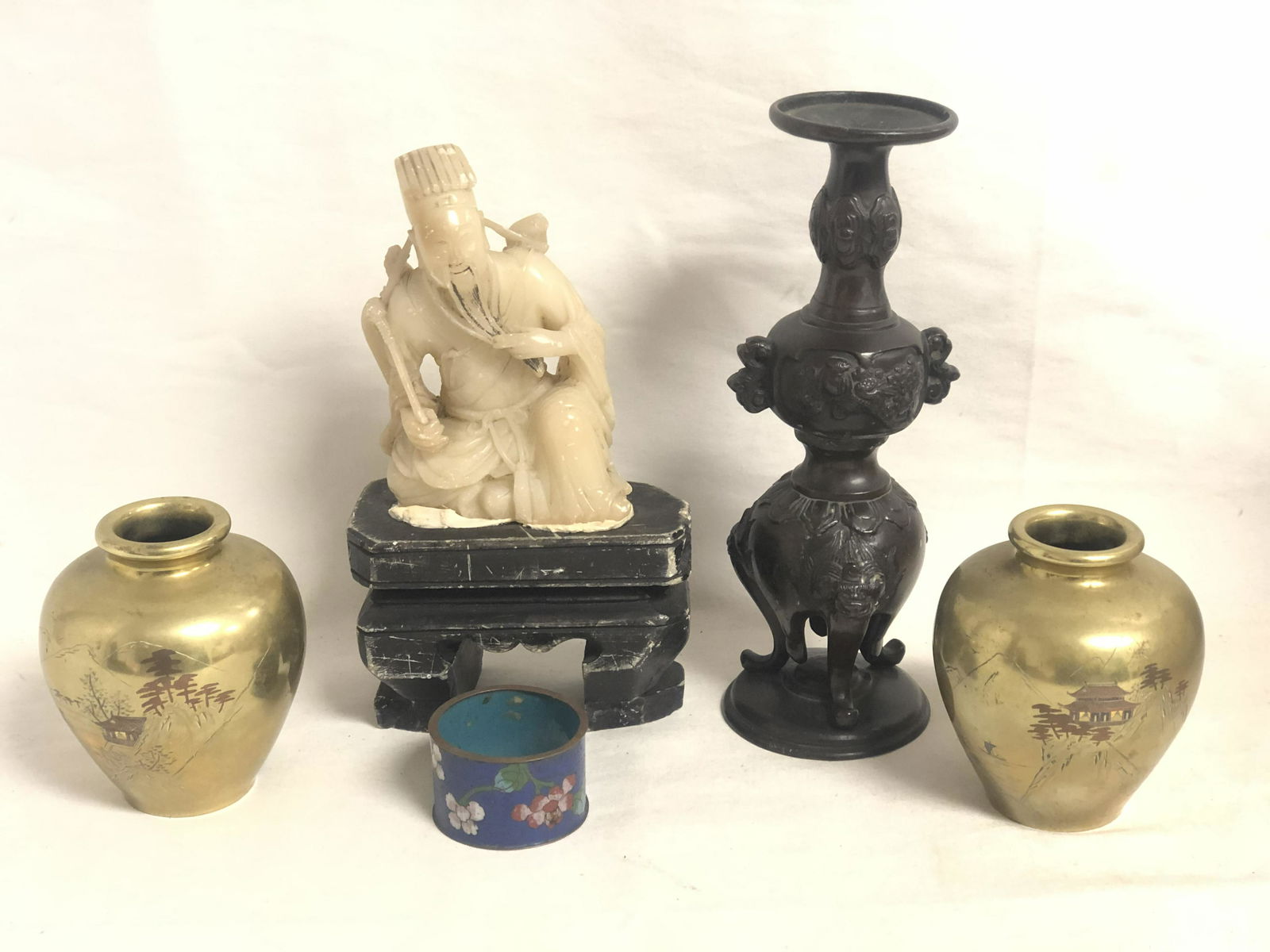 Carved Stone Statue,Vases & Cloisonne - Atq 2pc Metal (1 of 9)