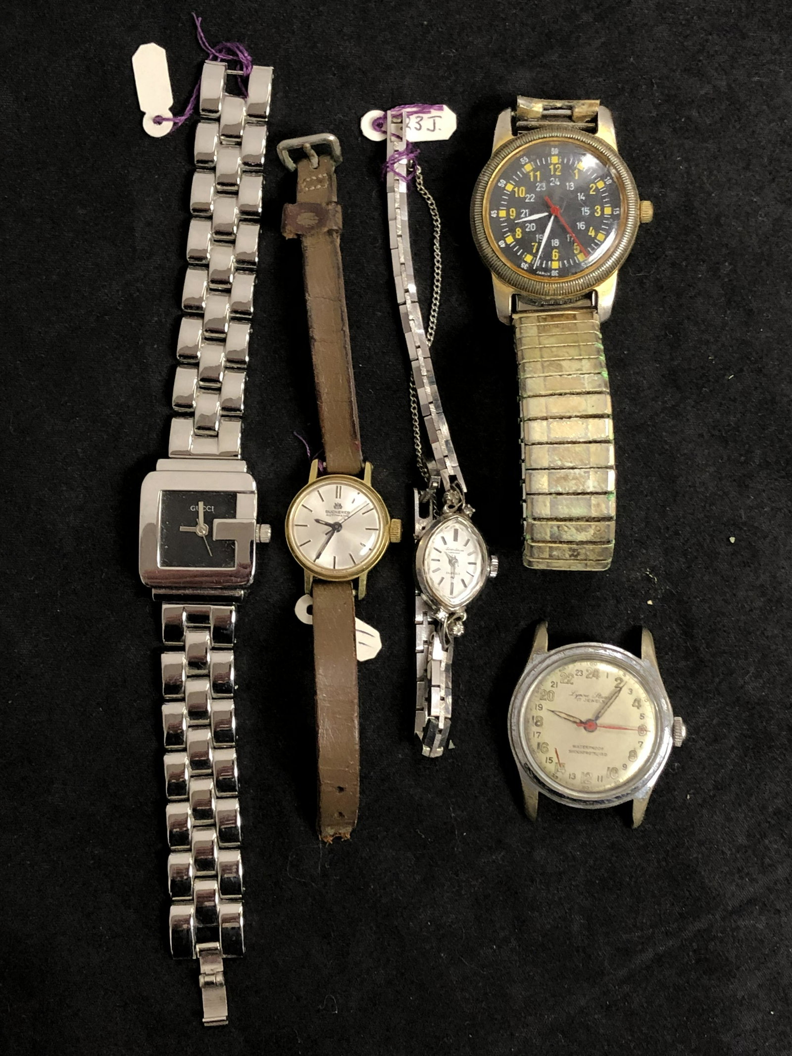 (5)Vtg Watches + Face, Gucci,Military & More - Ladies: (5)Vtg Watches + Face, Gucci,Military & More - Ladies Gucci 'G' Face, 60s Lynn Stuart, Military Style True 24h, Seiko Solar Special 23 Jewell + A-D Military Style (All UNTESTED)