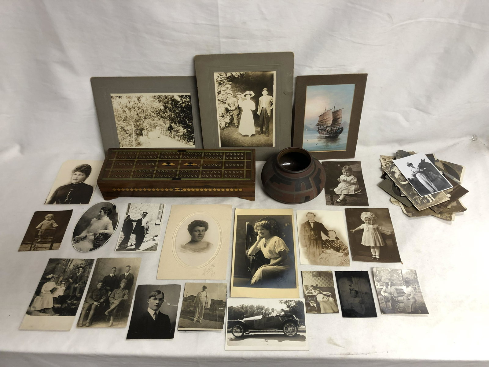 Asst Tray, Inlaid Cribbage, Ship Art, Photos - Atq: Asst Tray, Inlaid Cribbage, Ship Art, Photos - Atq Photos, Oil on Paper of Ship, Clay Pot