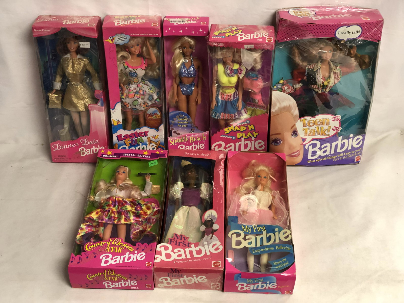 (8)Asst Barbies in Original Boxes - Teen Talk, Country: (8)Asst Barbies in Original Boxes - Teen Talk, Country Western, Sparkle Snap N Play, More