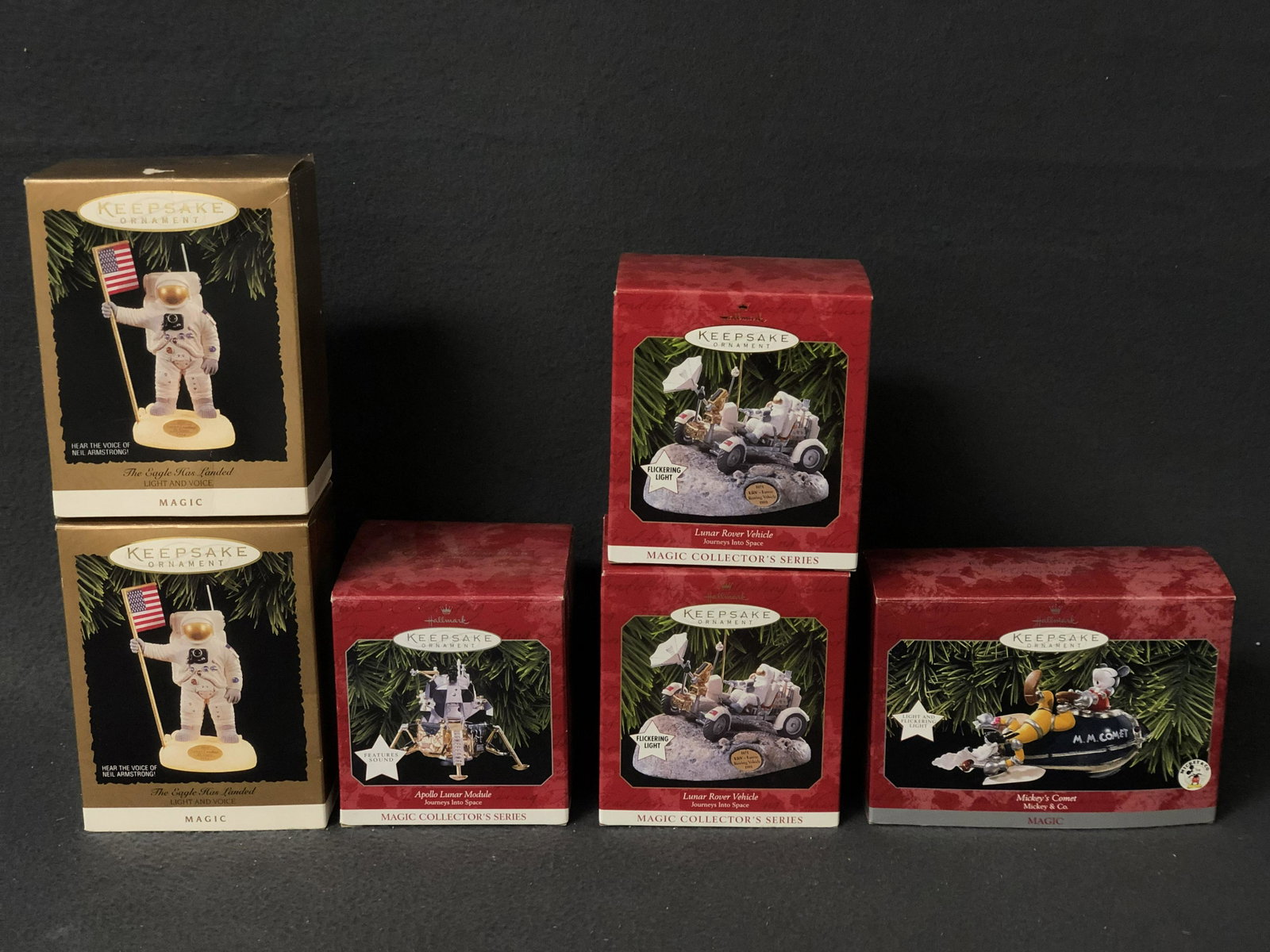 Asst Hallmark Space Ornaments w/ Boxes - Apollo Lunar,: Asst Hallmark Space Ornaments w/ Boxes - Apollo Lunar, Magic The Eagle Has Landed w/ Neil Armstrong Voice, Lunar Rover, Mickey & More