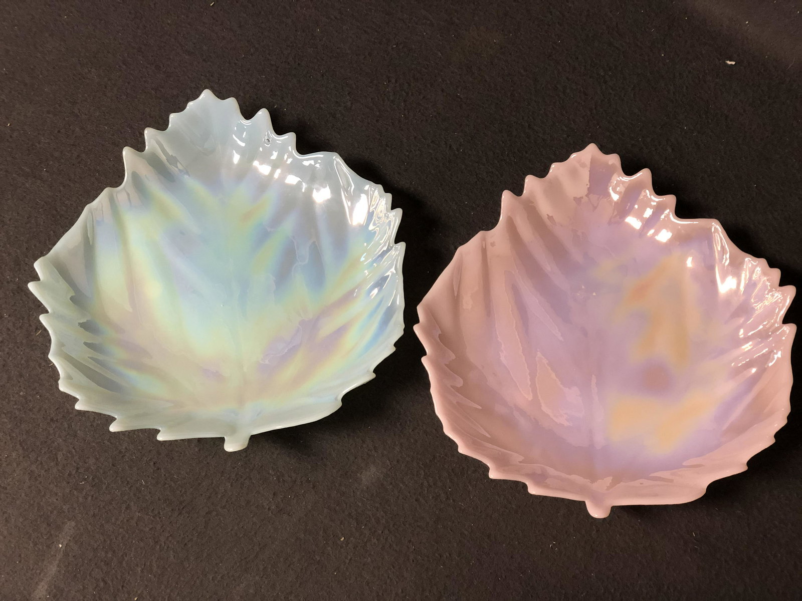 (2)Signed 'Yalos Casa' Opaline Leaf Bowls - Blue + Pink: (2)Signed 'Yalos Casa' Opaline Leaf Bowls - Blue + Pink Colors, 9.5'' x 10.5''