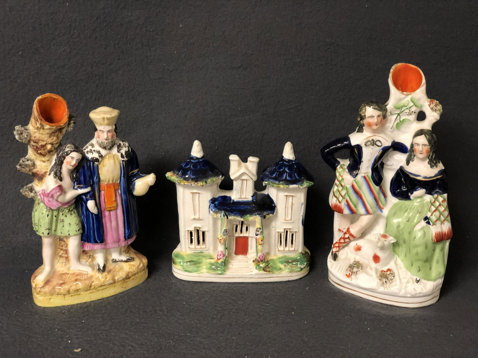 (2)Atq Staffordshire Spill Vase & House - (1)Vase w/: (2)Atq Staffordshire Spill Vase & House - (1)Vase w/ crack, Skylock / Jessica Bonnie Prince Charles & Flora , House - (See Photos)