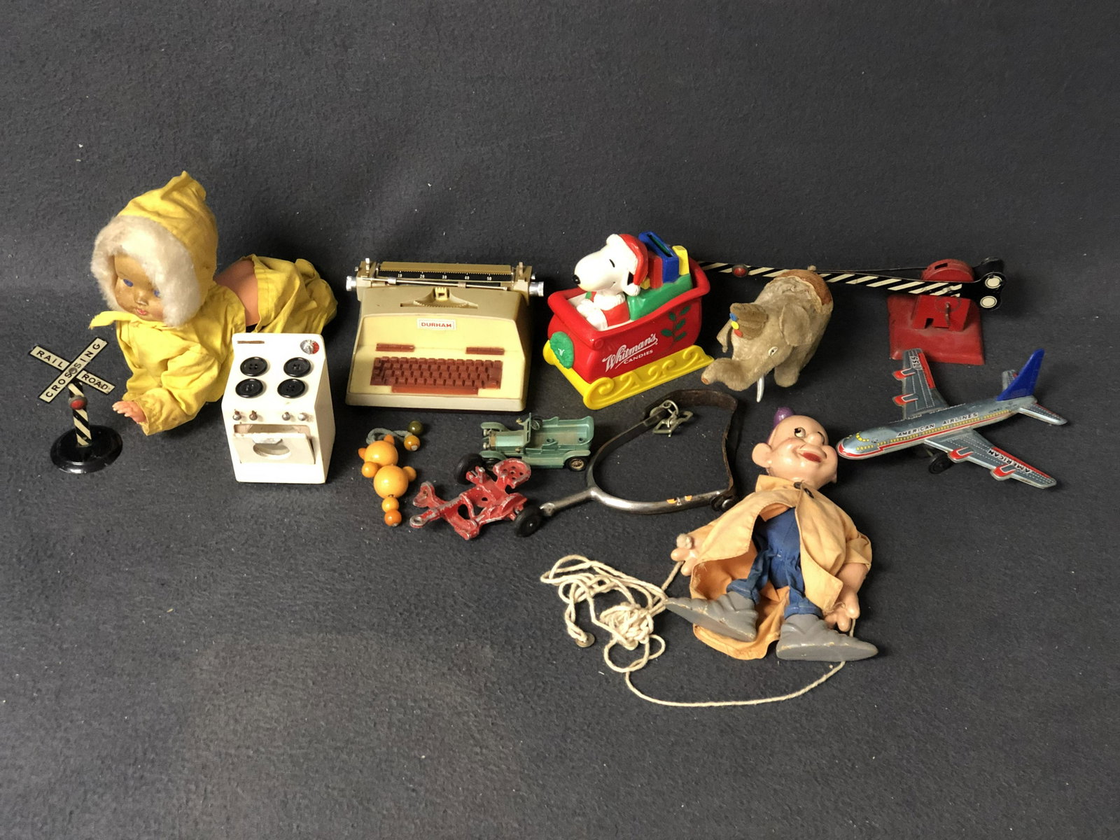 Asst Vtg Items- Dopey Puppet,Tin/Metal Toys,More -: Asst Vtg Items- Dopey Puppet,Tin/Metal Toys,More - American Airlines Plane, Railroad Items, Toy Stove & More