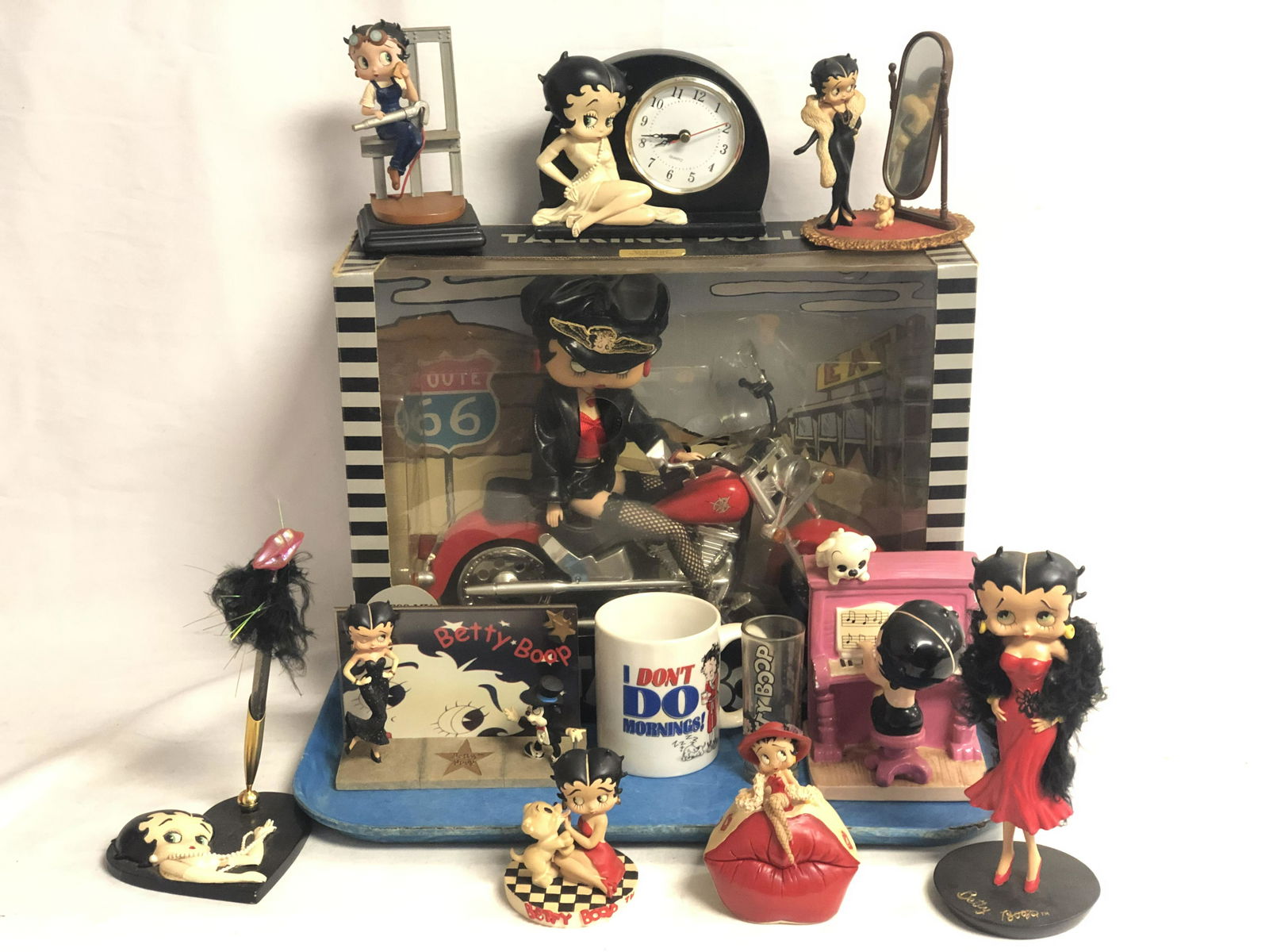 Asst Betty Boop, Talking Motorcycle Doll,More- Figural Clock, Music Piano Figure, Lip Trinket Box, (1 of 7)