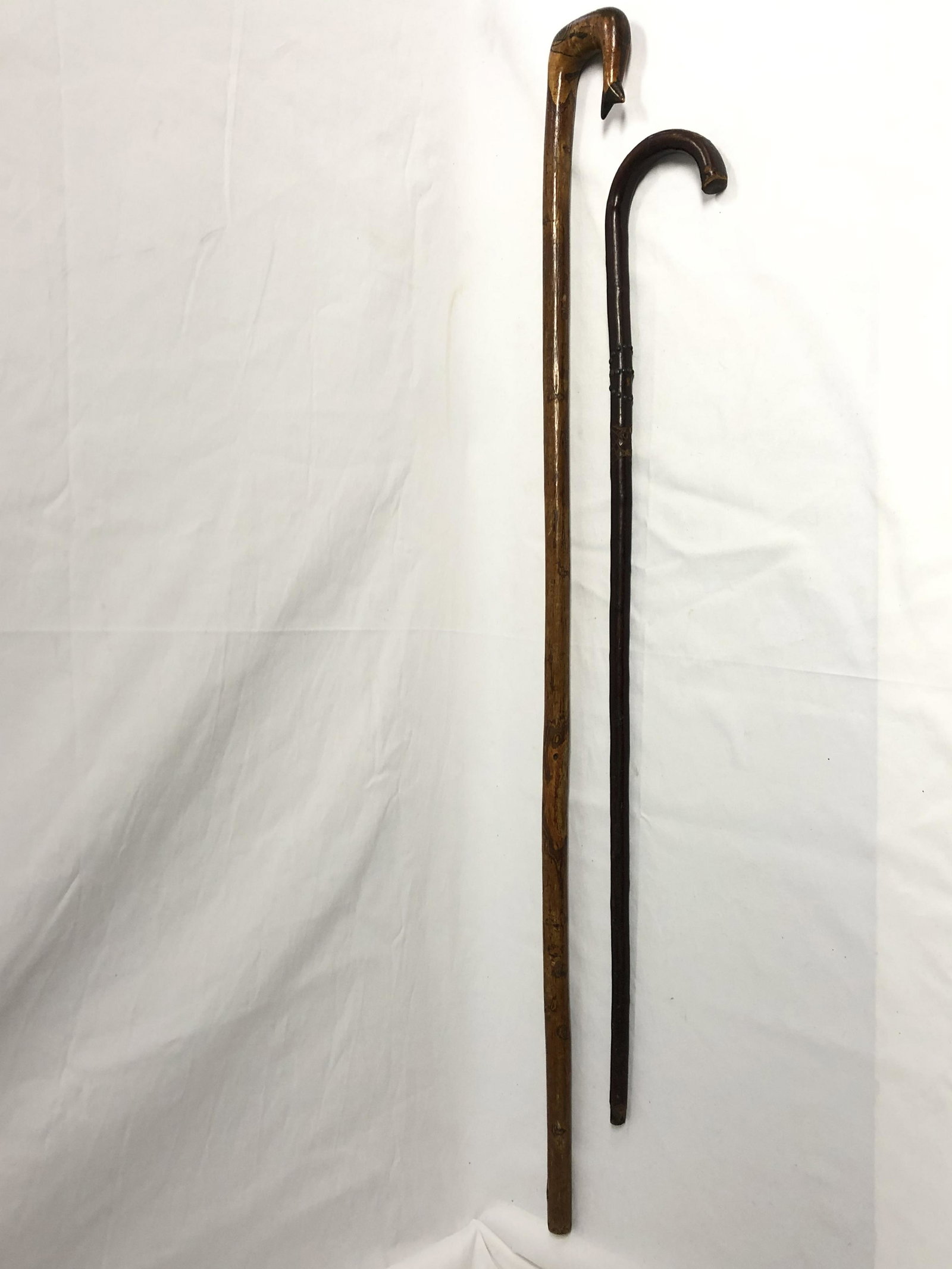 (2)Antique Wooden Canes - Hand Carved / Painted Carved Bird Cane 43'' Tall + 33'' Antique Carved & (1 of 5)