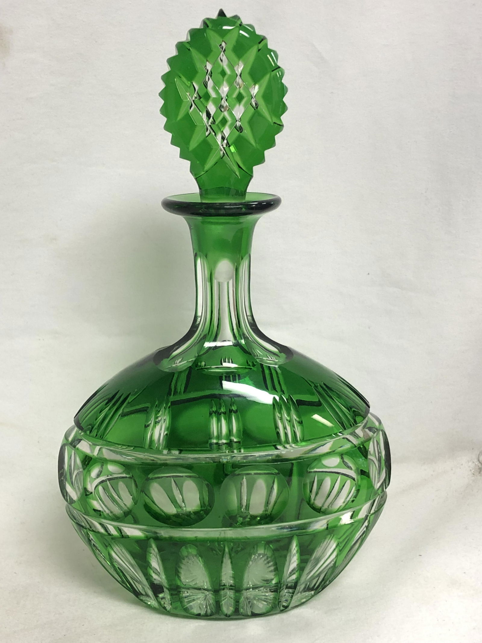 Czech Glass Green Cut to Clear Decanter - 11'' w/ Stopper - Bottle 7'' x 7.75'' (1 of 3)