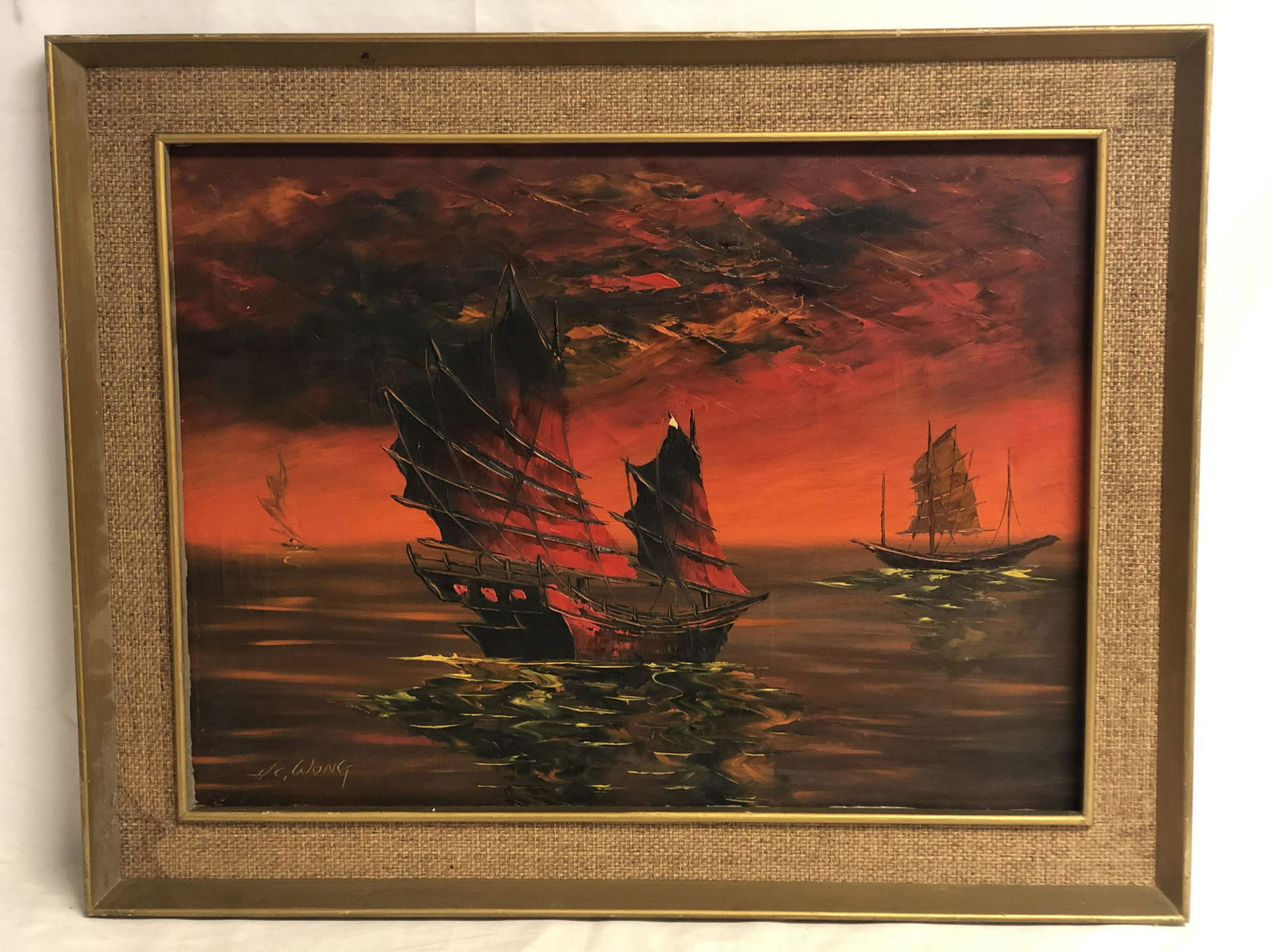H.C.Wong Original Oil on Canvas 'Sunset on Ocean' - Framed 28.75'' x 22.5'' , Sight 24'' x 18'' (1 of 6)