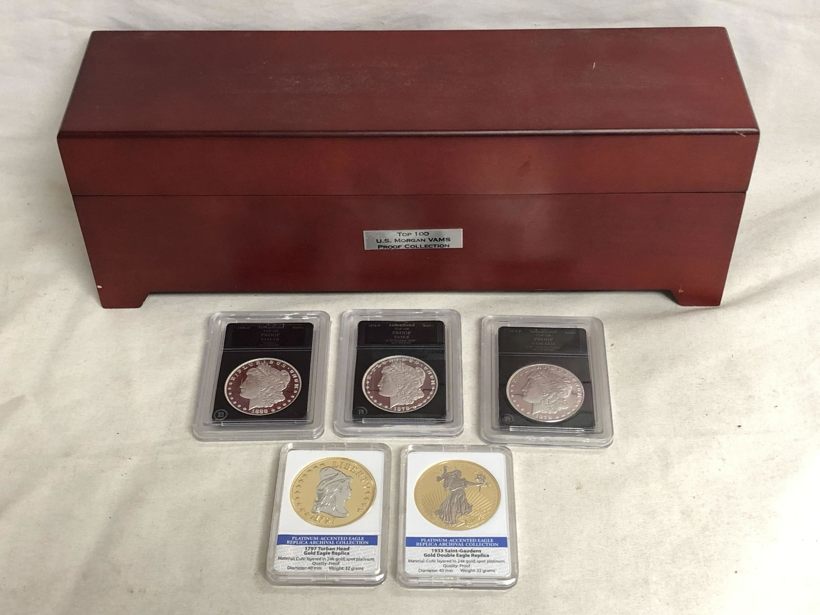 (5)Replica Coins, (2) have Platinum Gold Plate - 1933 Double Eagle + Turbin Head, (3)Morgan Dollars (1 of 6)