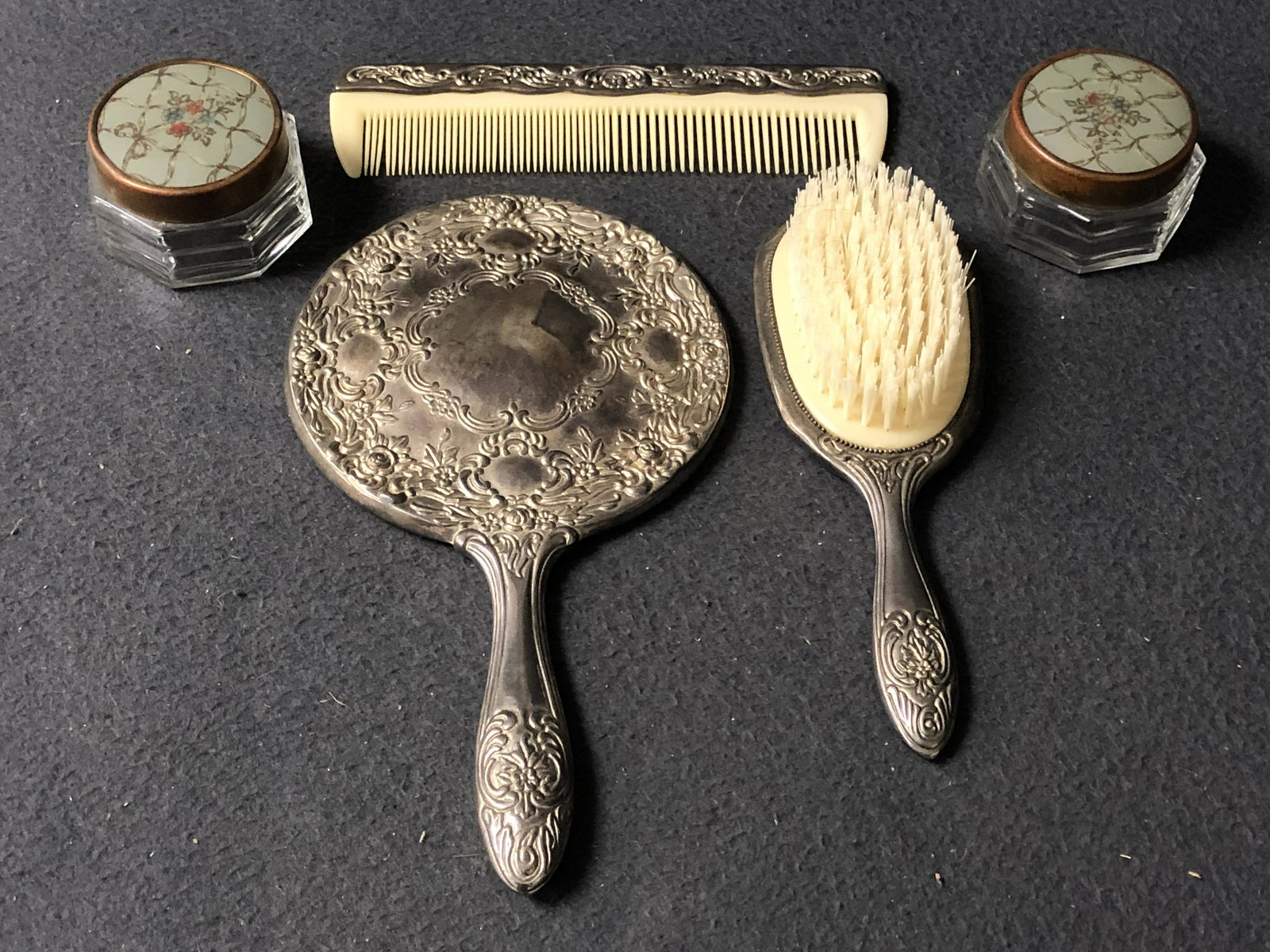 Silverplated Vanity Set - Hand Mirror, Brush,Jars (1 of 5)