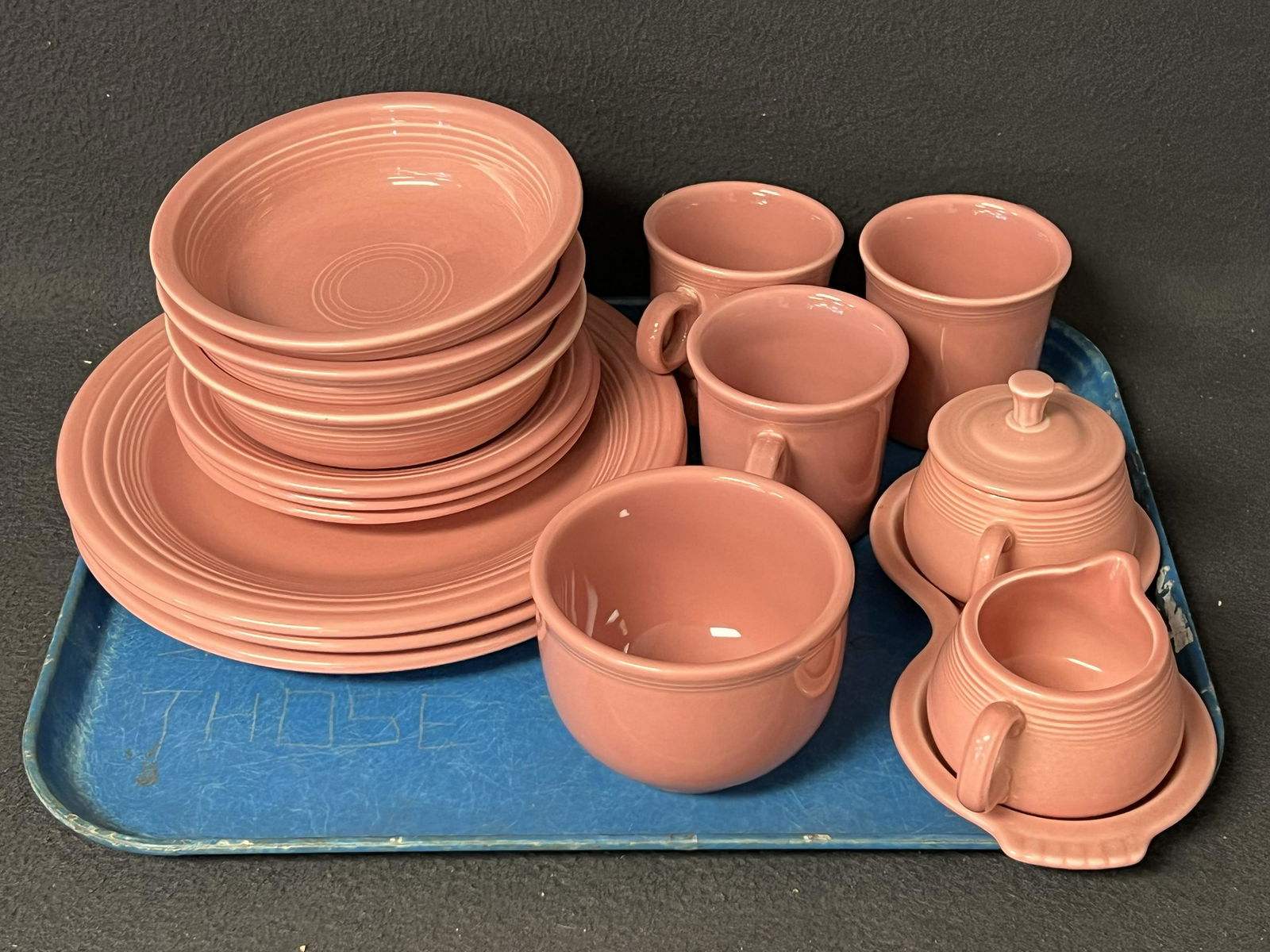 16pcs Pink Flamingo FiestaWare - (3)Dinner, (3)Bread Plates, (3)Bowls, (3)Mugs, Creamer, Sugar w/ (1 of 8)