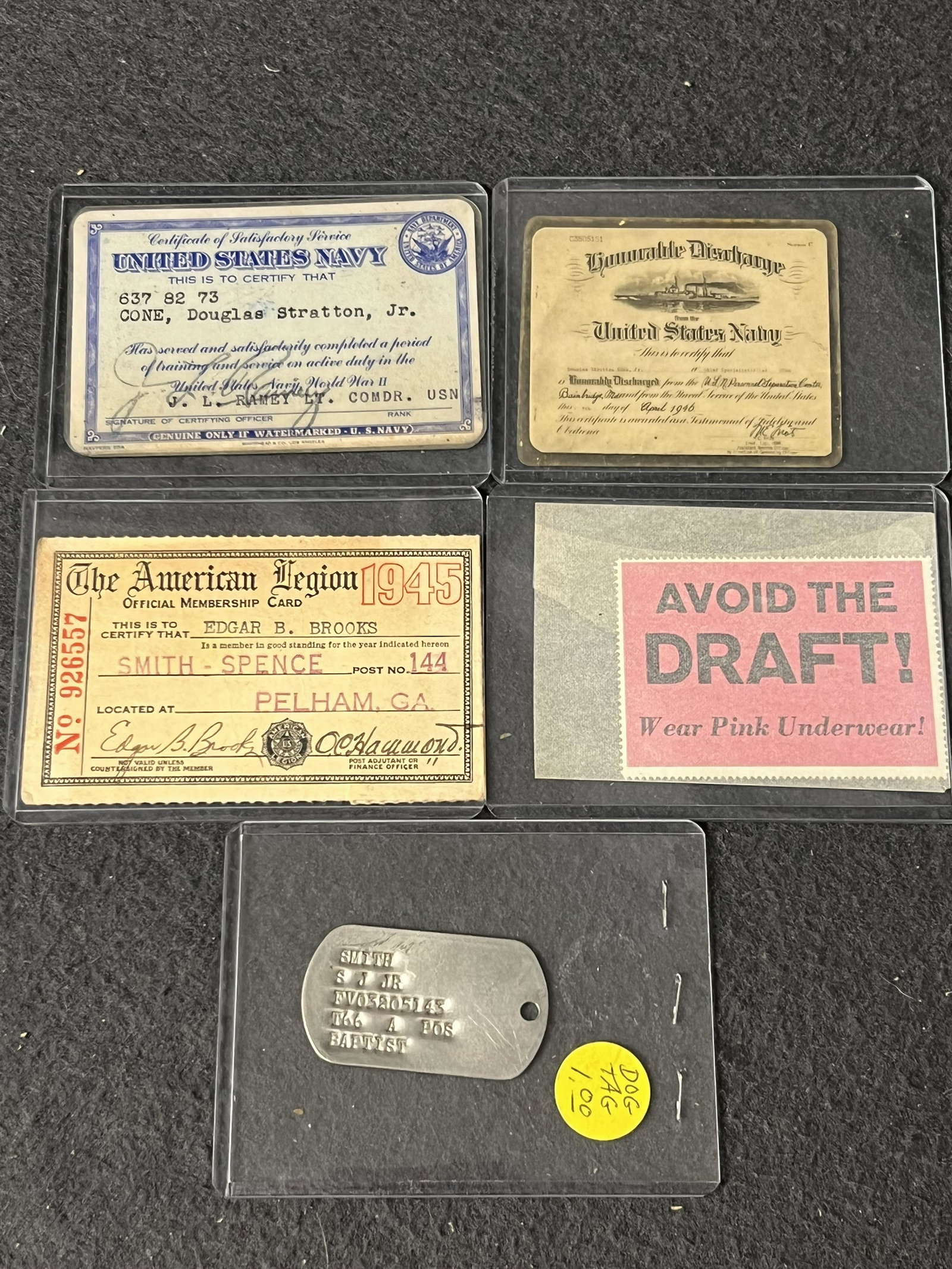 WWII Navy Honorable Discharge,Cards Tag,More - Certificate Card of Satisfactory Service, Dog Tag, (1 of 6)