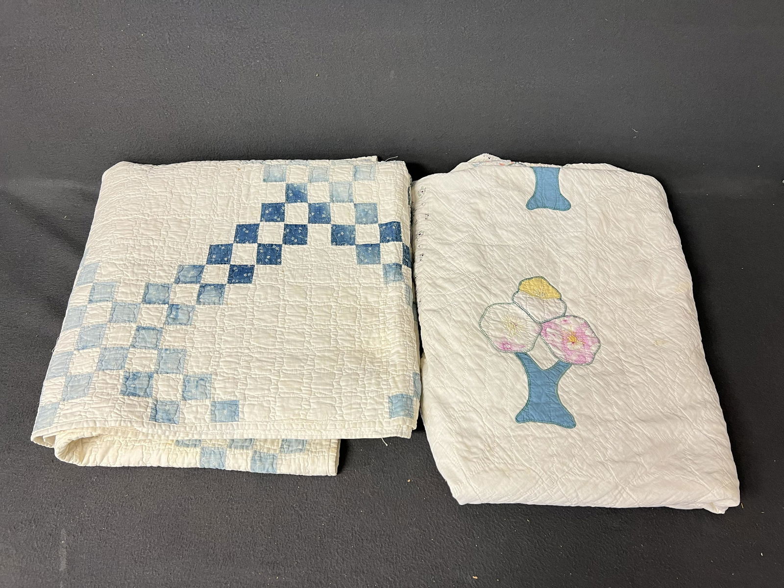 (2)Vintage Quilts - Blue Squares 82'' x 73'' , Tree Design 71'' x 86'' ( See Pics for Condition ) (1 of 6)