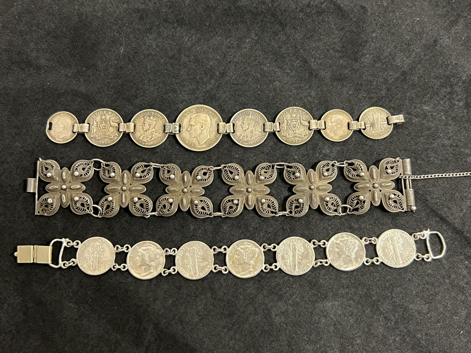 (3)Silver Bracelets, Mexico Sterling, 2 Coin - 1943 Dime Coin Bracelet w/ Sterling, European Coin + (1 of 6)