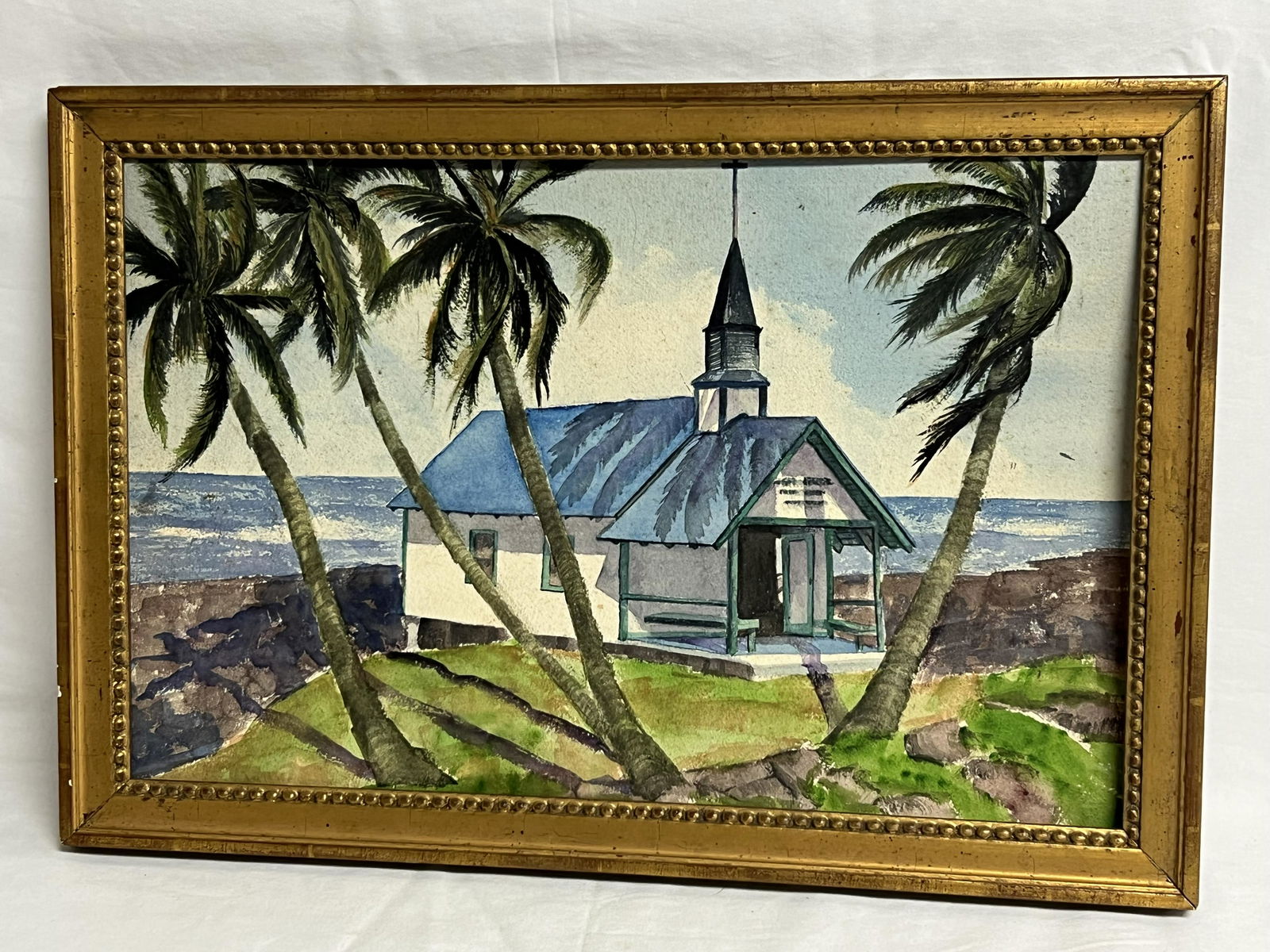 Ca1930s. Watercolor St.Peters by Sea Hawaii - St.Peters Church by the Sea Watercolor on Paper ,: Ca1930s. Watercolor St.Peters by Sea Hawaii - St.Peters Church by the Sea Watercolor on Paper , Framed 24'' x 16.5''