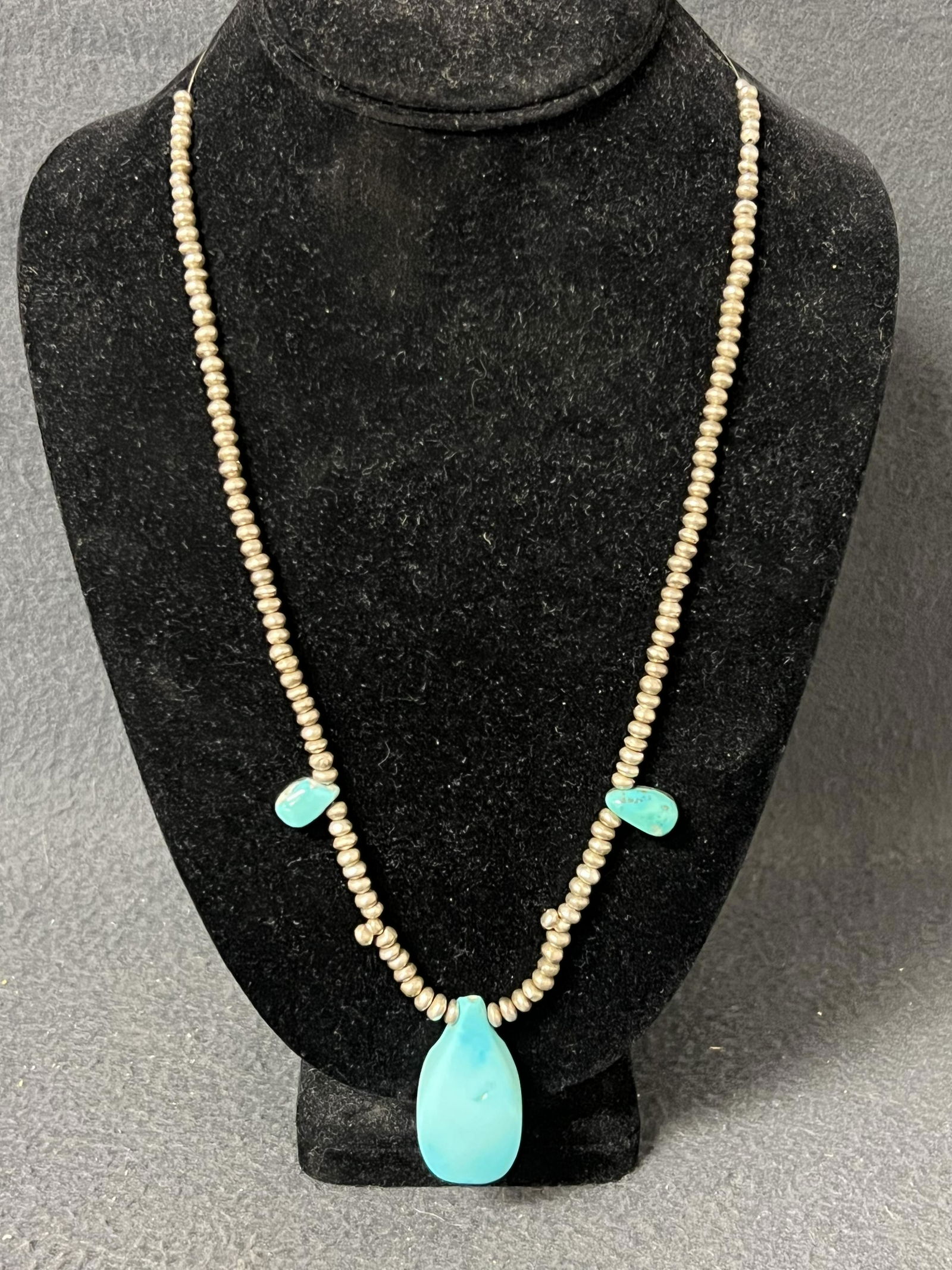 1970s Sterling Silver & Natural Turquoise Necklace - Handmade Sterling Beads w/ Untreated Natural (1 of 6)