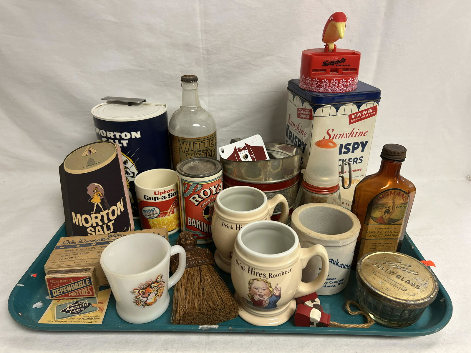 Vtg Kitchen Bottles, Cans,Morton Can Opener,More- Toothpick Holder, Hires Rootbeer Mugs, Kaukauna (1 of 9)