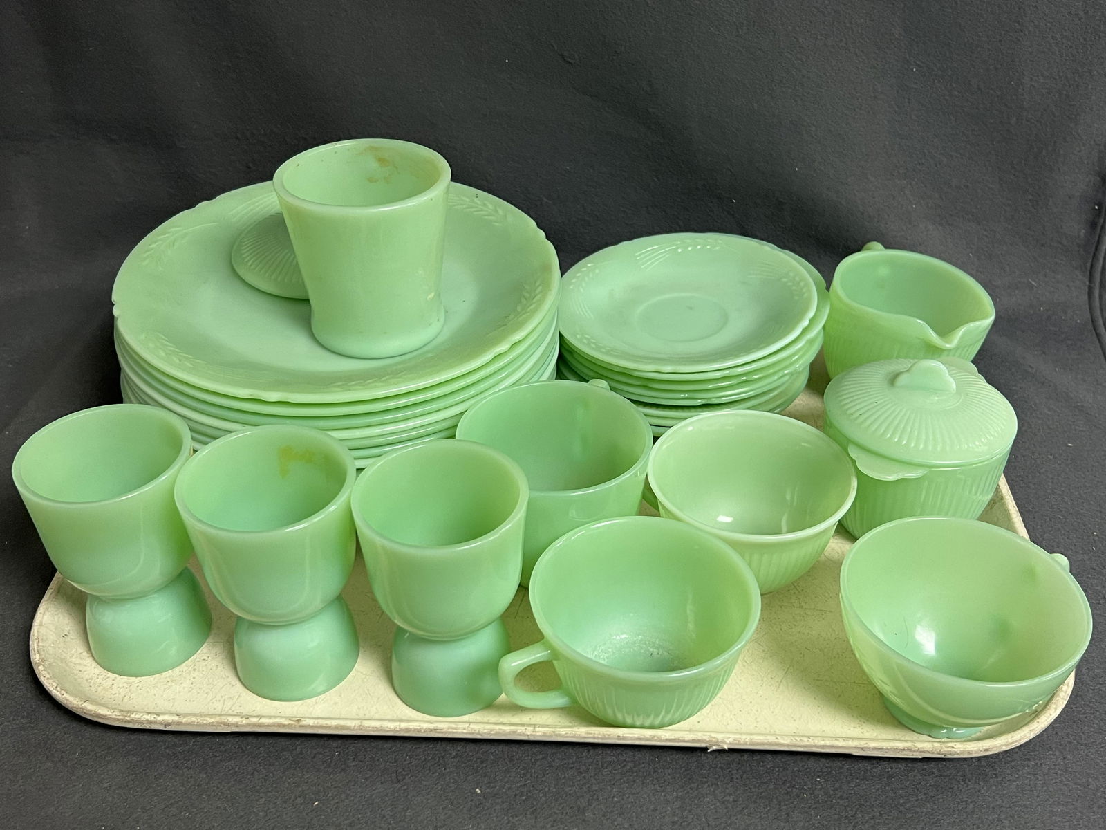 30pcs. Vtg Jadite- Plates,Egg + Coffee Cups - (12)Dinner, (8)Saucer Plates in Various Patterns, (1 of 8)
