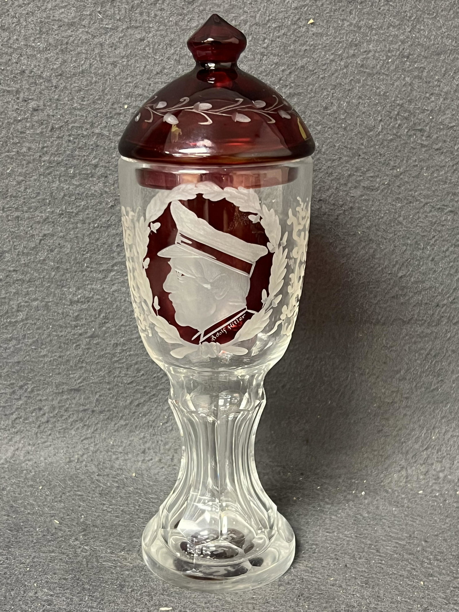 1940s Adolf Hitler Etched Glass Goblet - Etched w/ Face, Name, Eagle & Symbol - 3.75'' x 8.25'' Tall: 1940s Adolf Hitler Etched Glass Goblet - Etched w/ Face, Name, Eagle & Symbol - 3.75'' x 8.25'' Tall w/o Lid