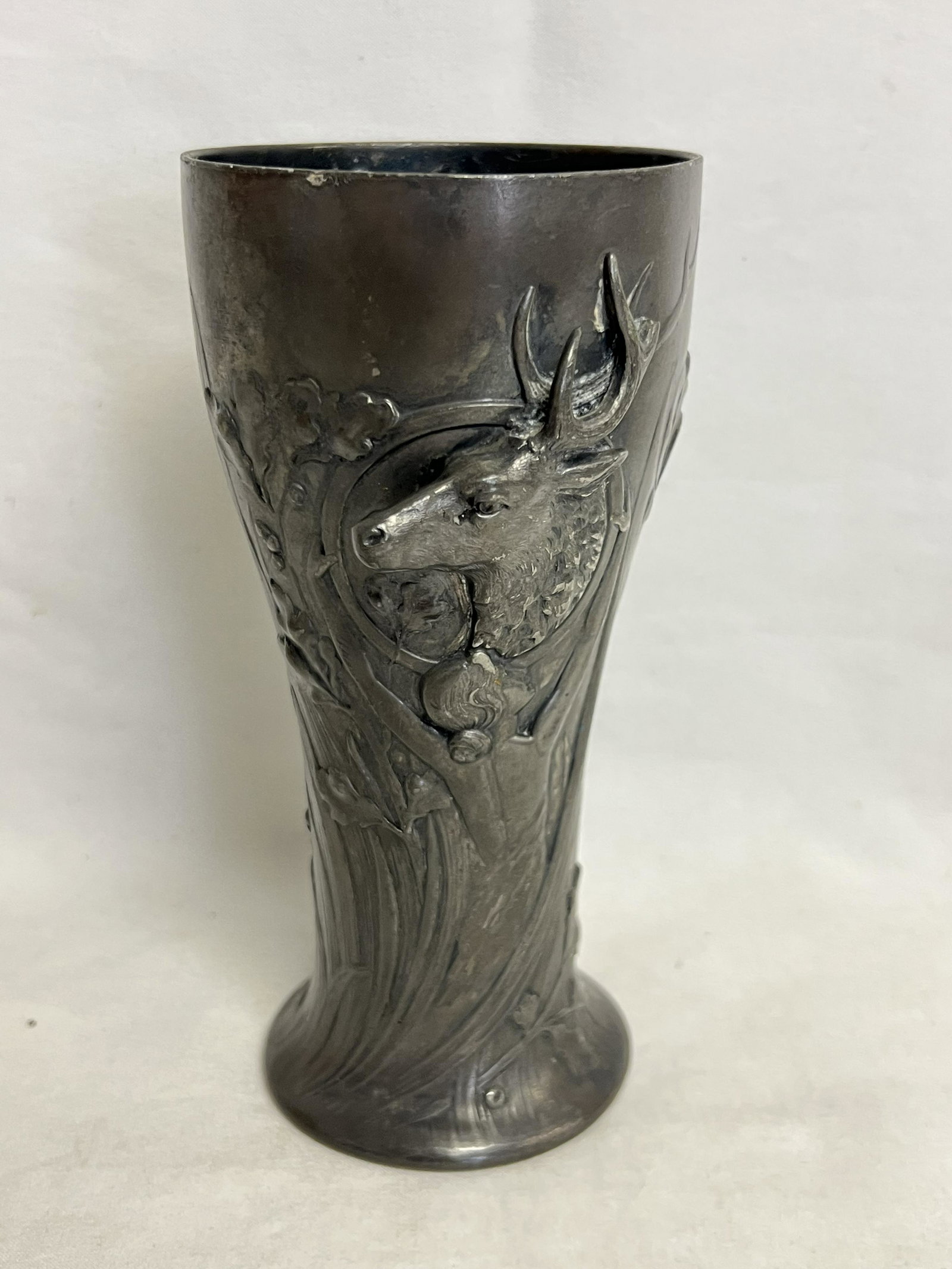 Art Nouveau WMF Pewter Vase w/ Stag & Lady - Hallmarked Pewter 3.5'' x 7'' Vase (1 of 5)