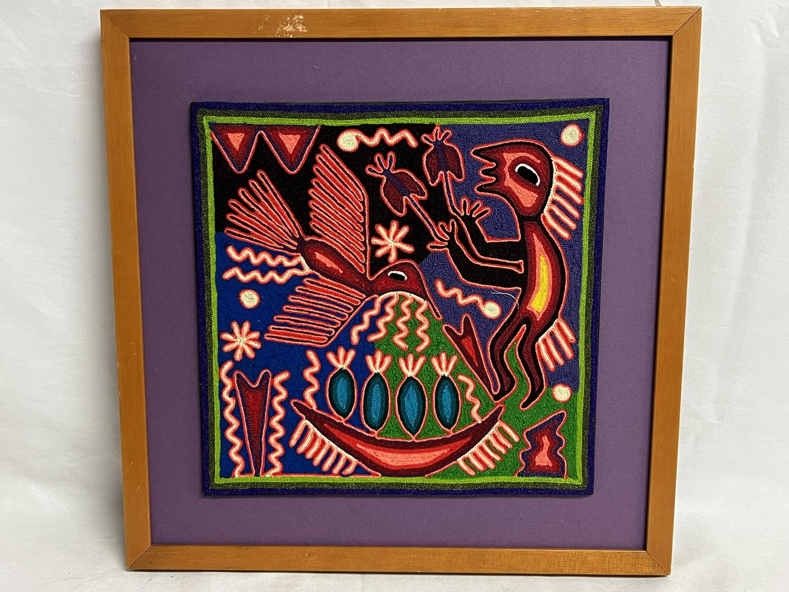 Vintage Huichol Yarn Art Panel - Framed & Matted 17.75'' x 17.75'' , Sight 11.75'' x 11.75'' - (1 of 3)