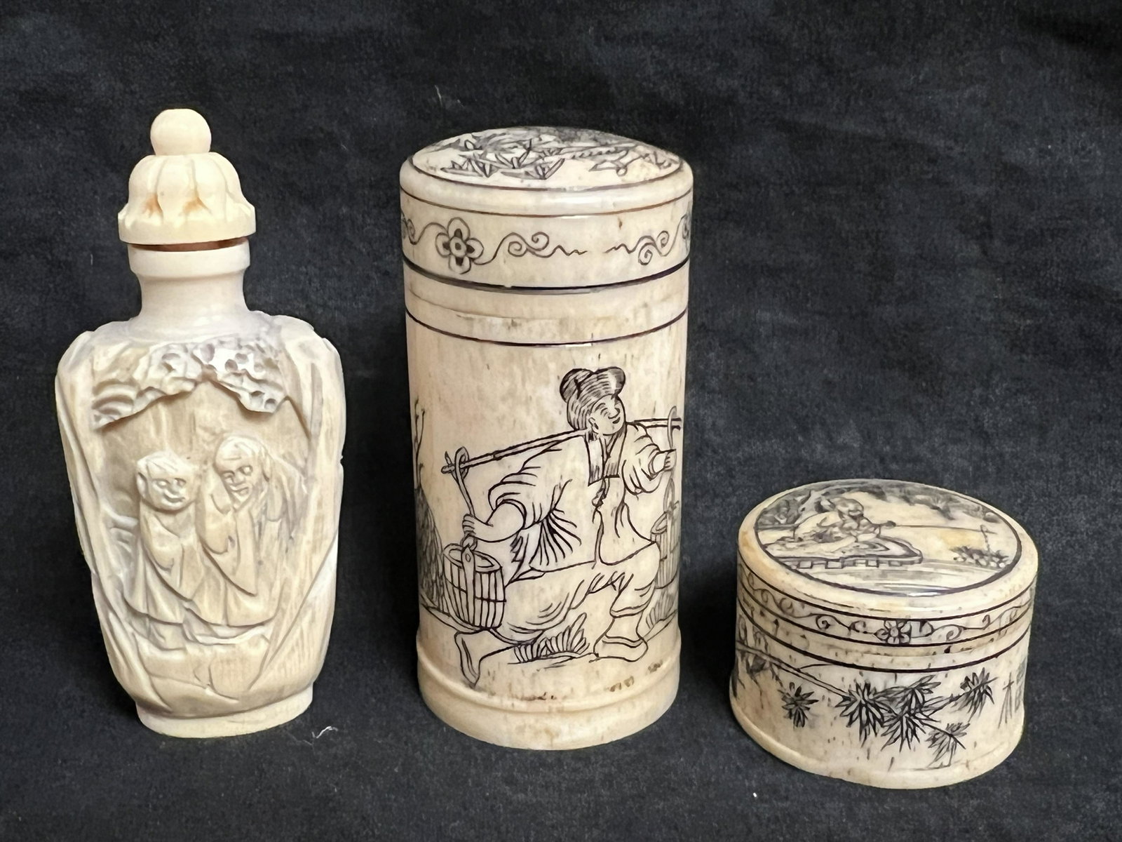(3)Carved Snuff Boxes,Bottle - (2)Painted Bone Boxes , (1) Composition: (3)Carved Snuff Boxes,Bottle - (2)Painted Bone Boxes , (1) Composition