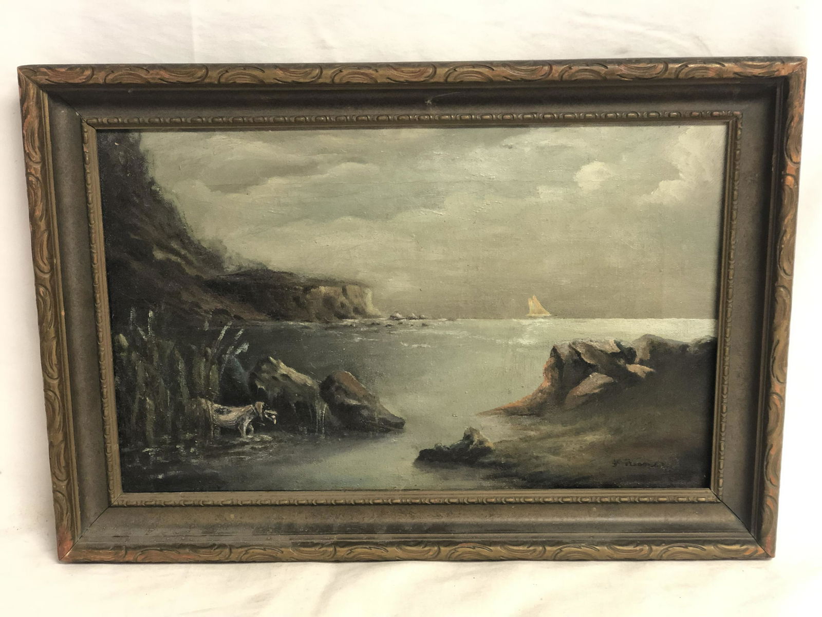 1922 F.Homer Oil on Canvas w/ Atq Frame - Signed Bottom Right - 'Ocean Landscape' , Framed 18.75'' x (1 of 7)