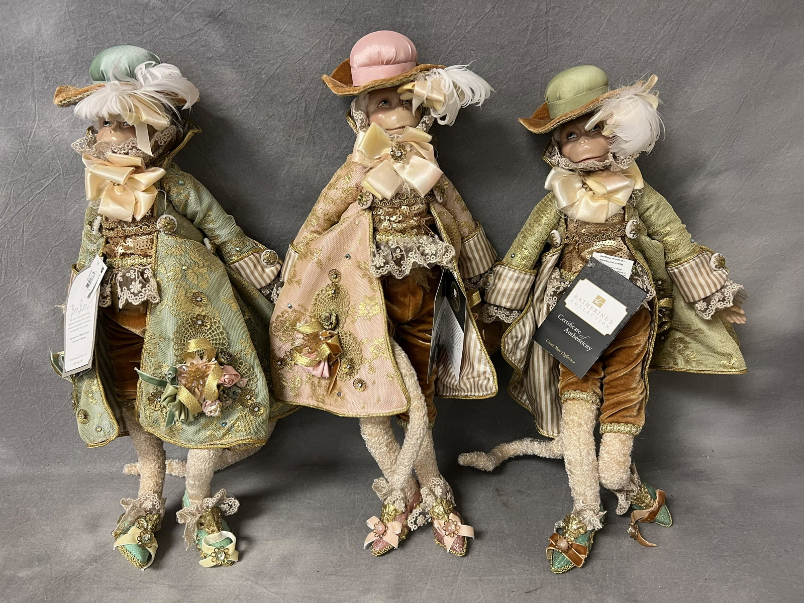 3 Katherines Collection Handcrafted Monkeys,COAs - 21'' Tall Bonnie Bon Bon, Macaron & Meringve w/: 3 Katherines Collection Handcrafted Monkeys,COAs - 21'' Tall Bonnie Bon Bon, Macaron & Meringve w/ Ornate Outfits, Original Tags, Signed COAs - Benefits The Santa Cruz Animal Shelter -