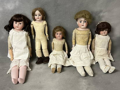 (5)Atq Porcelain Dolls German - Some Jointed - Atq Heubach Koppelsdorf & Kessner + Other Dolls, All: (5)Atq Porcelain Dolls German - Some Jointed - Atq Heubach Koppelsdorf & Kessner + Other Dolls, All Leather Bodies , Heubach is Jointed - Some w/ Composite Arms