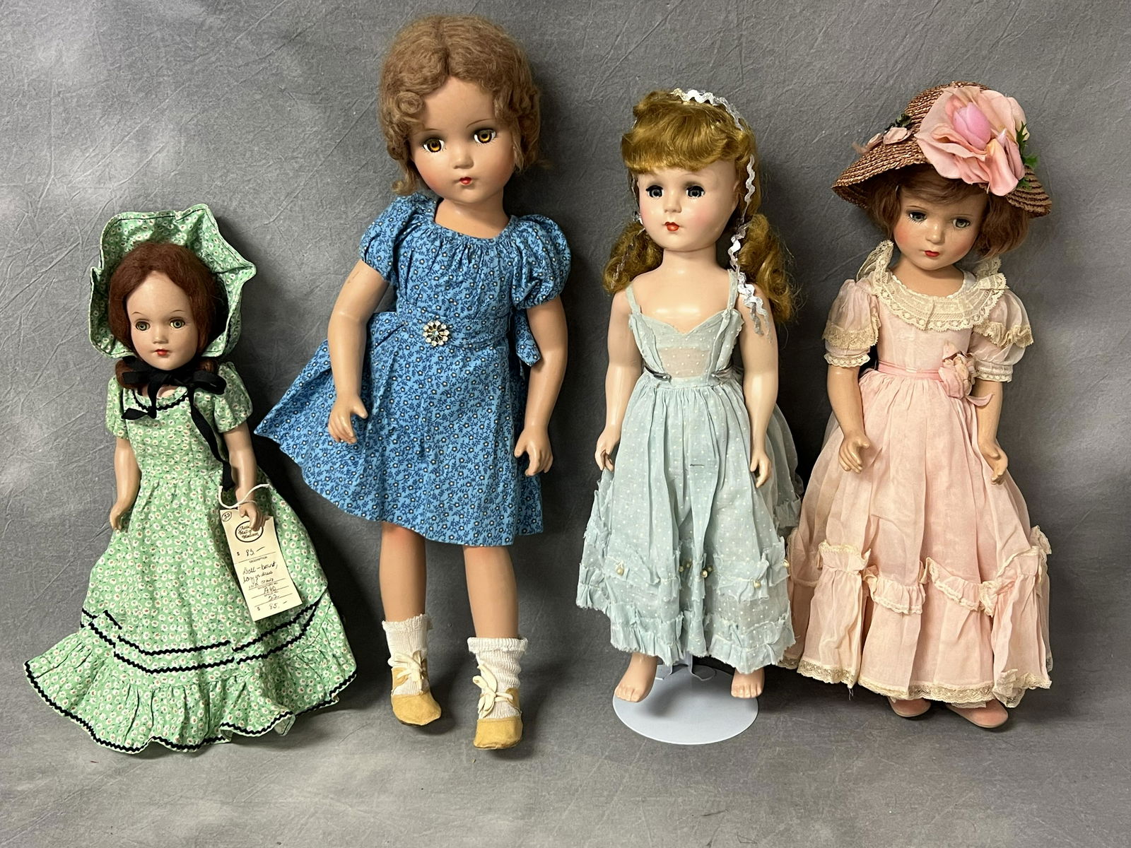 4 Vtg Composition Dolls, (1)Alexander - Madame Alexander w/ Straw Hat 17'' Tall, Blue Dress w/ (1 of 9)