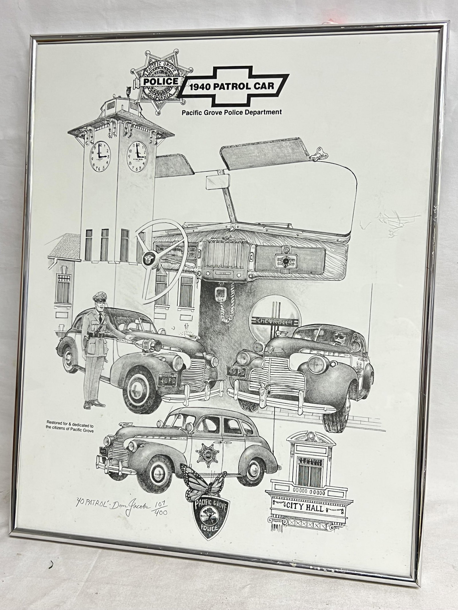 1940 Signed #d Pacific Grove Police Print - Signed Don Jacobs # 107/ 400 , Framed 16.25'' x 20.25'': 1940 Signed #d Pacific Grove Police Print - Signed Don Jacobs # 107/ 400 , Framed 16.25'' x 20.25''