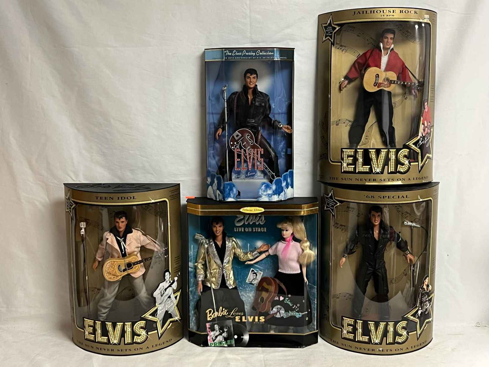 (5)Elvis Dolls- New Old Stock 3 w/ Certs - Jailhouse Rock. 68' Special + Teen Idol w/ Certs, The: (5)Elvis Dolls- New Old Stock 3 w/ Certs - Jailhouse Rock. 68' Special + Teen Idol w/ Certs, The Elvis Collection 1st in Series + Barbie + Elvis