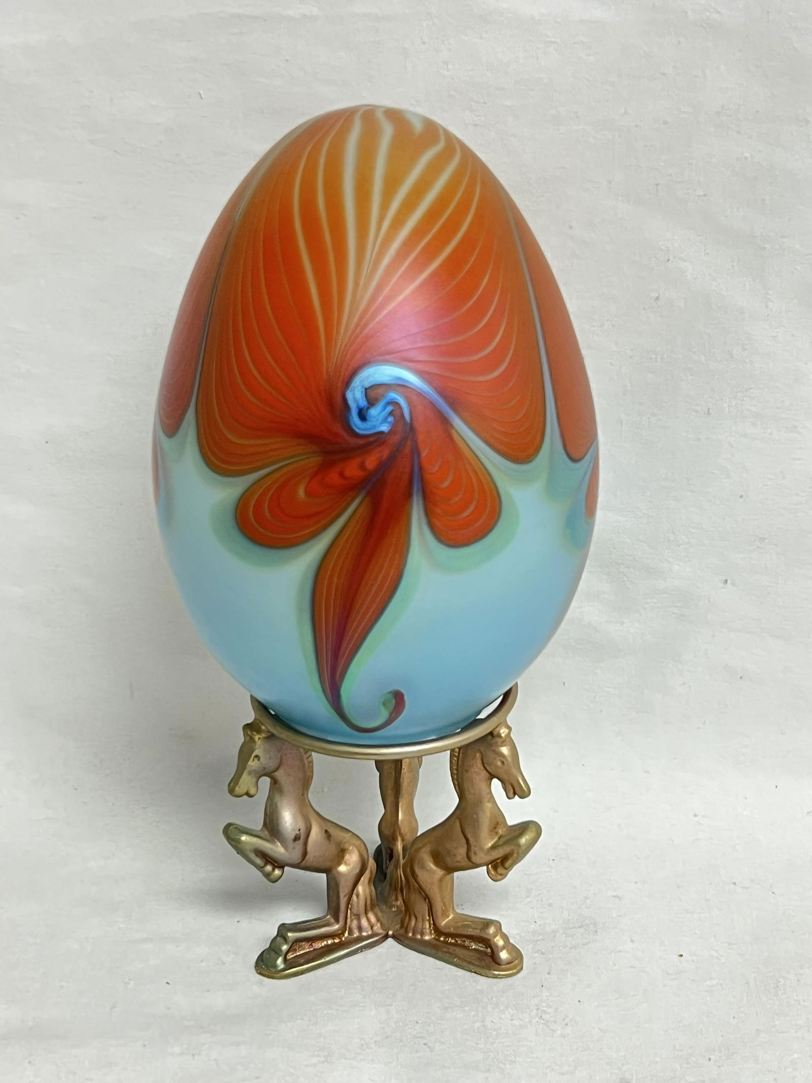 Vandermark Art Glass Egg w/ Brass Holder - 5.75'' Tall Signed Art Glass Egg on Brass Stand w/ Horse (1 of 4)