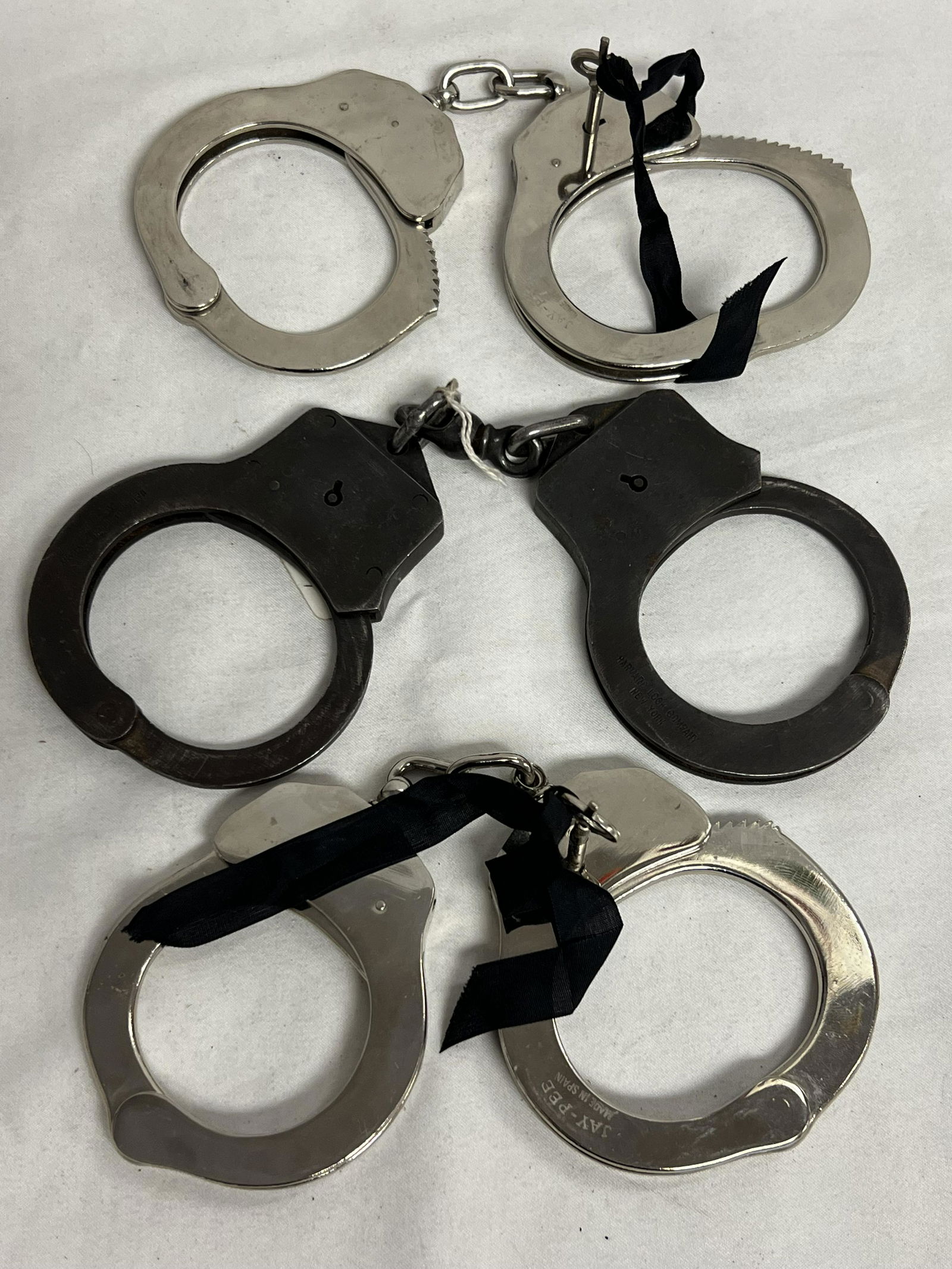 (3)Vtg Handcuff Sets, Harvard & Jay Pee - (2)Spanish Jay Pee w/ Keys + Atq Harvard Lock Co W/O Key (1 of 6)